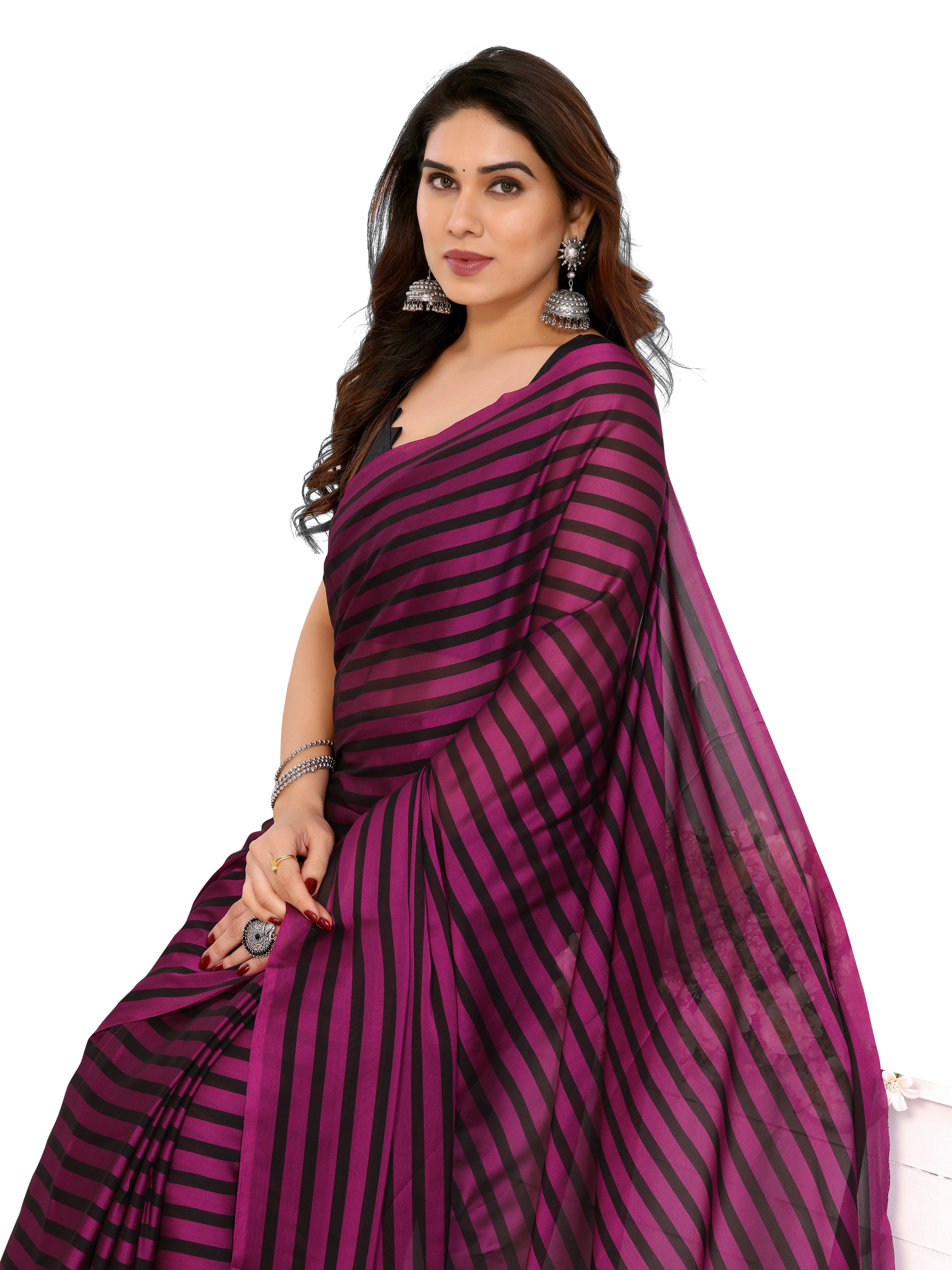 Wine Purple & Black Georgette Silk Ready-to-Wear Saree