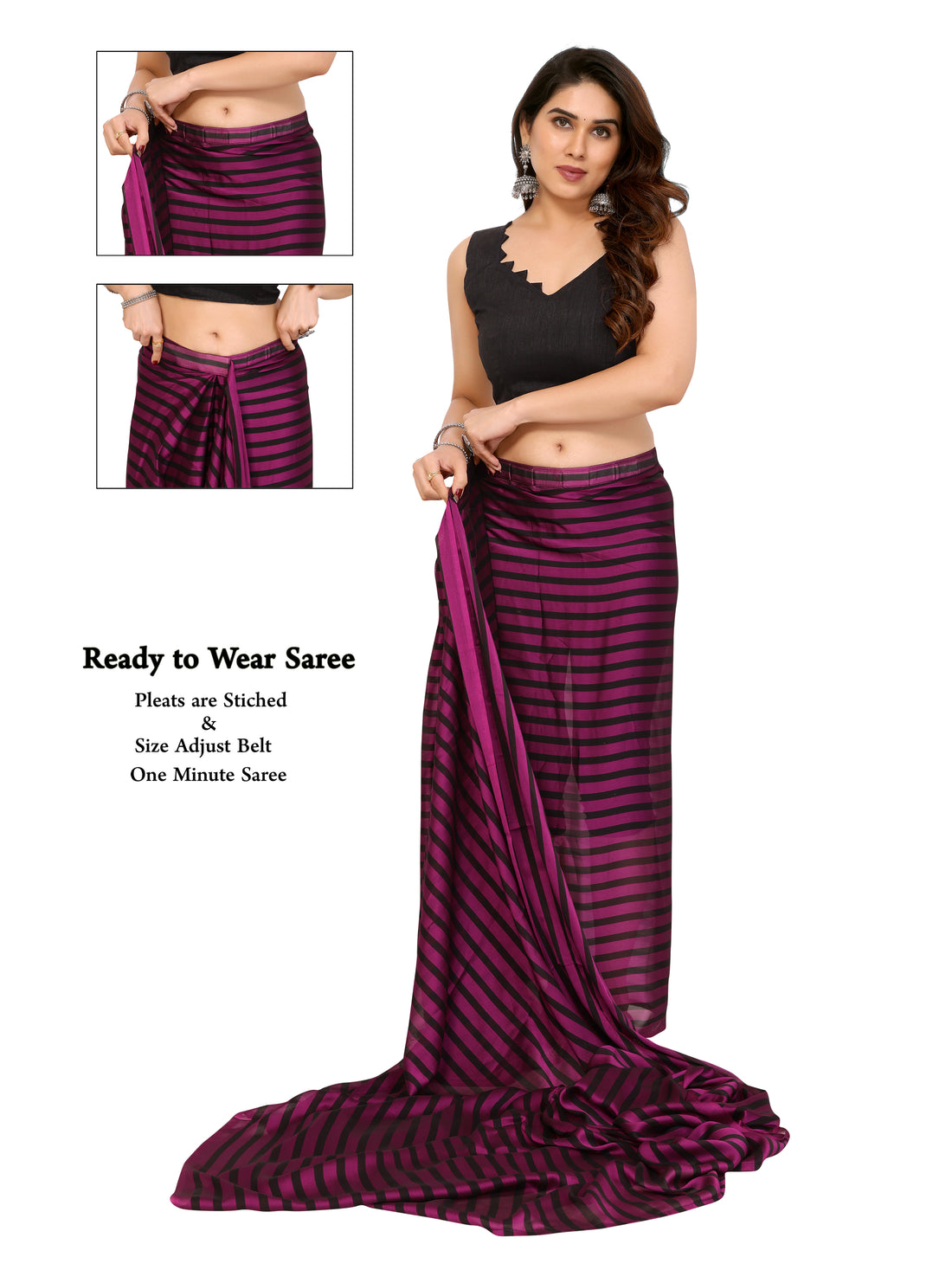 Wine Purple & Black Georgette Silk Ready-to-Wear Saree