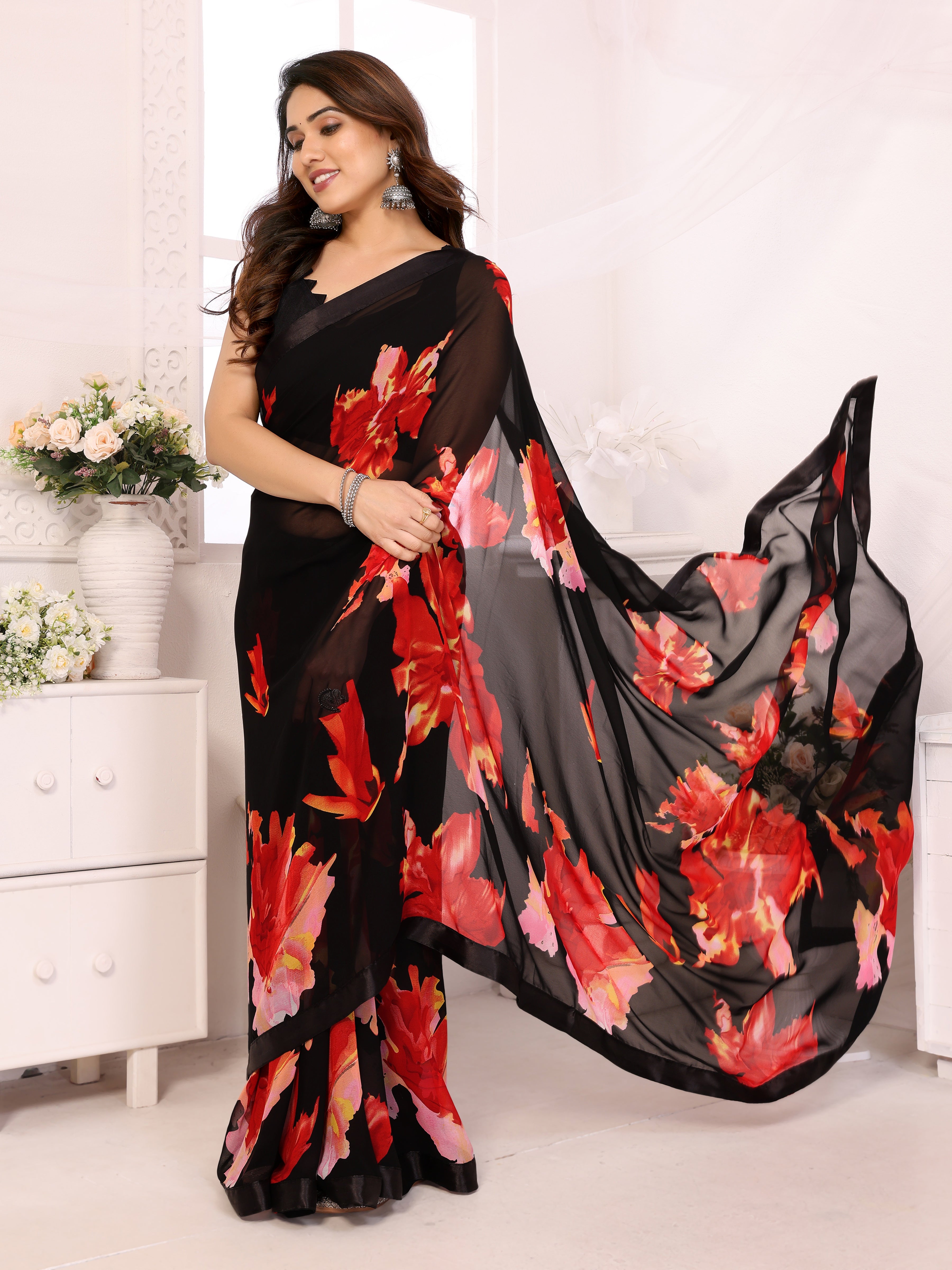 Elegant Black Georgette Silk Ready-to-Wear Saree