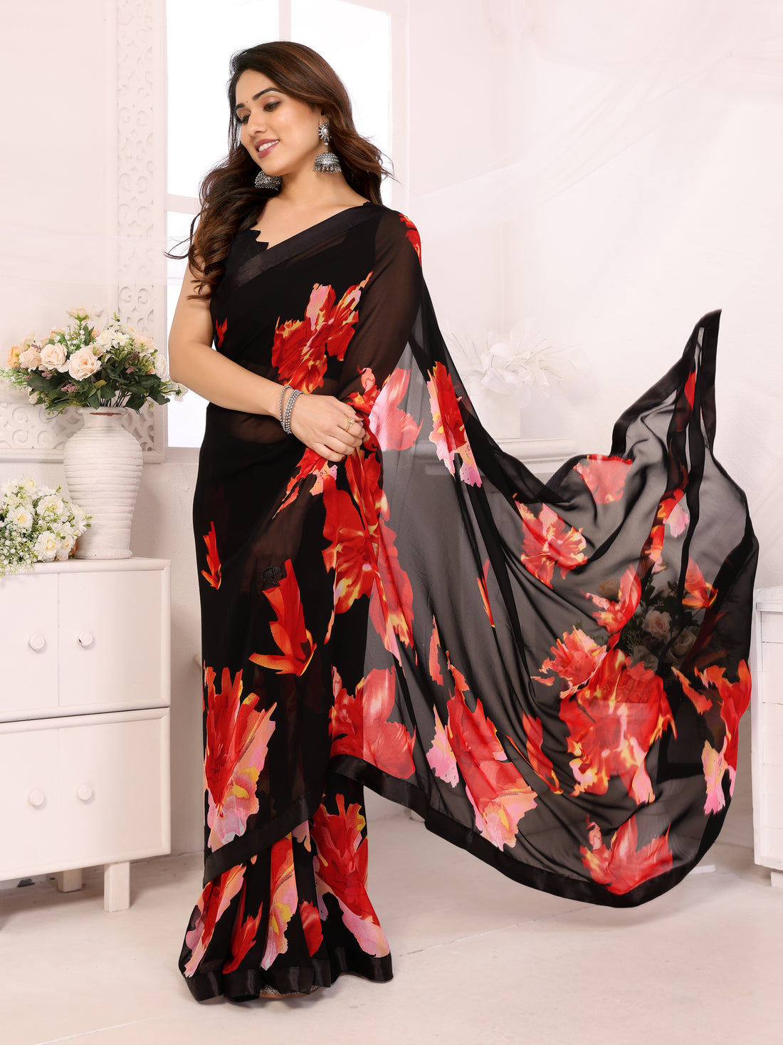 Elegant Black Georgette Silk Ready-to-Wear Saree