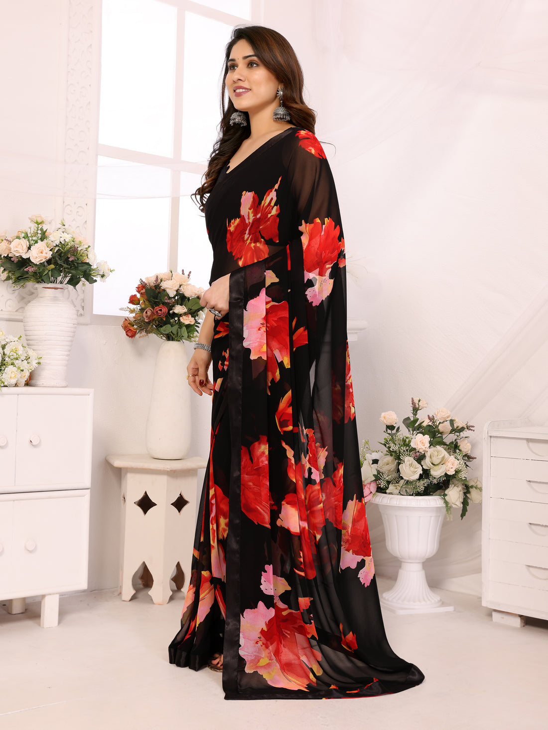 Elegant Black Georgette Silk Ready-to-Wear Saree