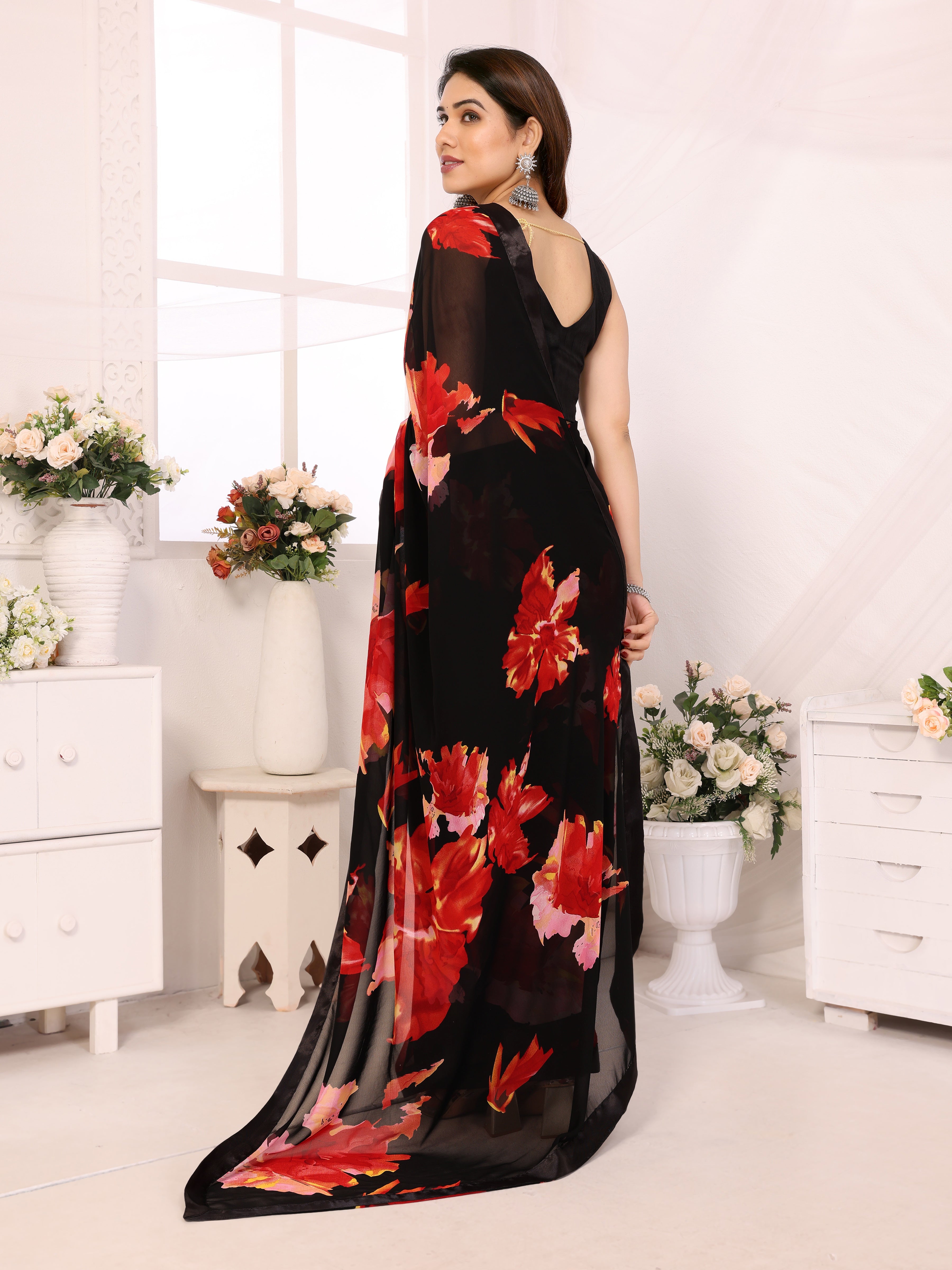 Elegant Black Georgette Silk Ready-to-Wear Saree