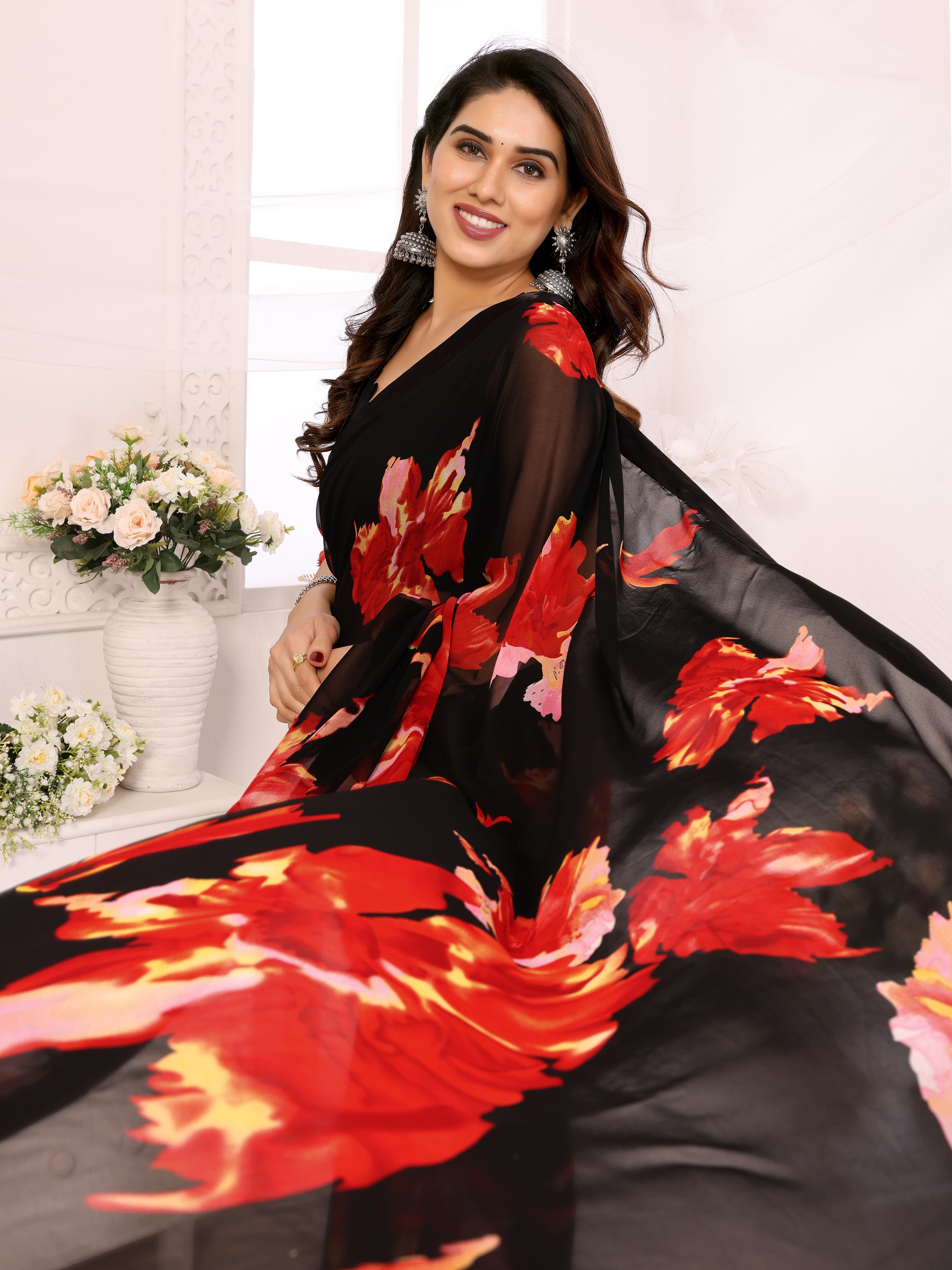 Elegant Black Georgette Silk Ready-to-Wear Saree