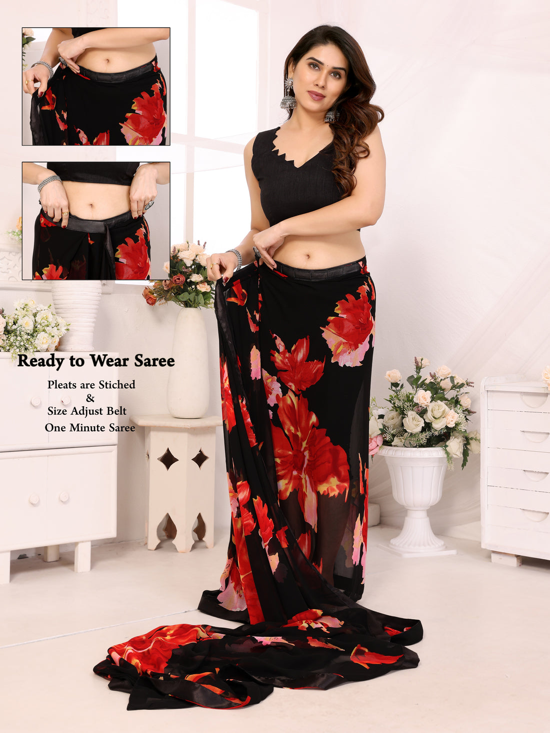 Elegant Black Georgette Silk Ready-to-Wear Saree