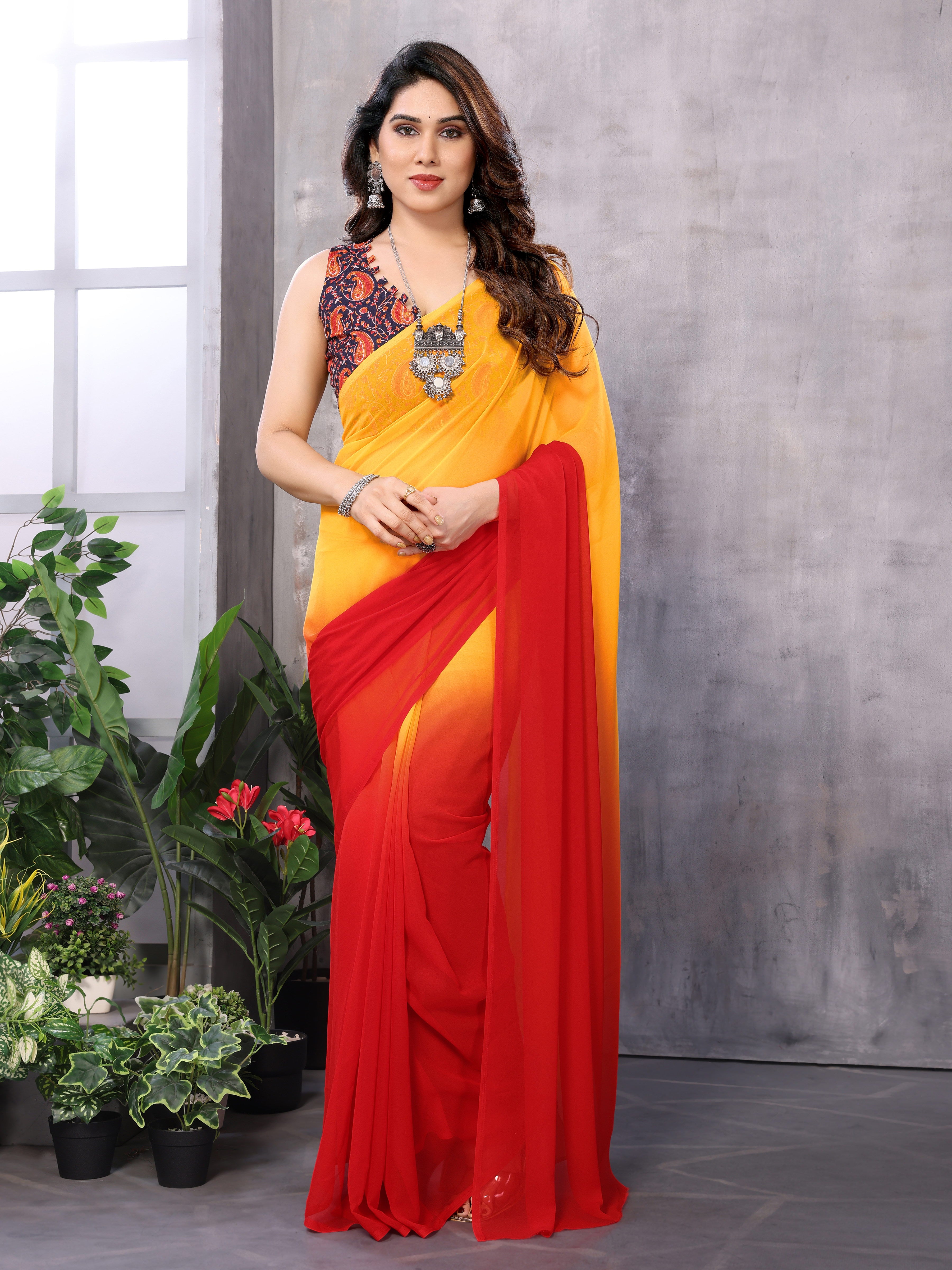 Elegant Red & Yellow Georgette Silk Ready-to-Wear Saree