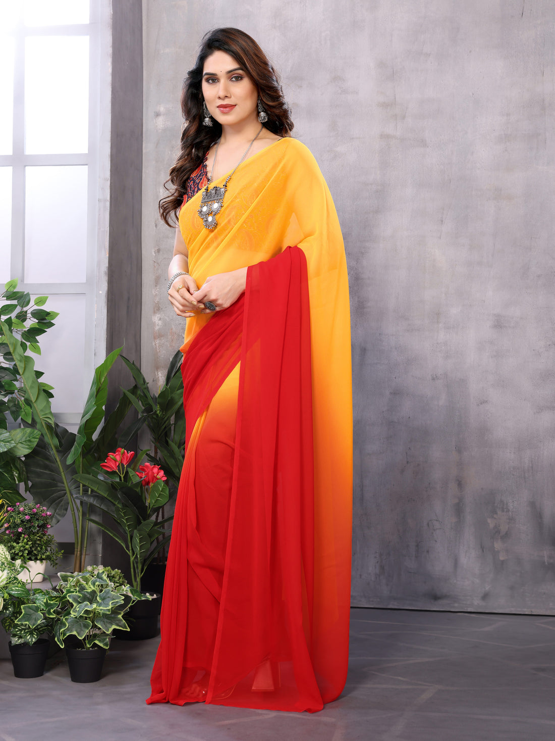 Elegant Red & Yellow Georgette Silk Ready-to-Wear Saree