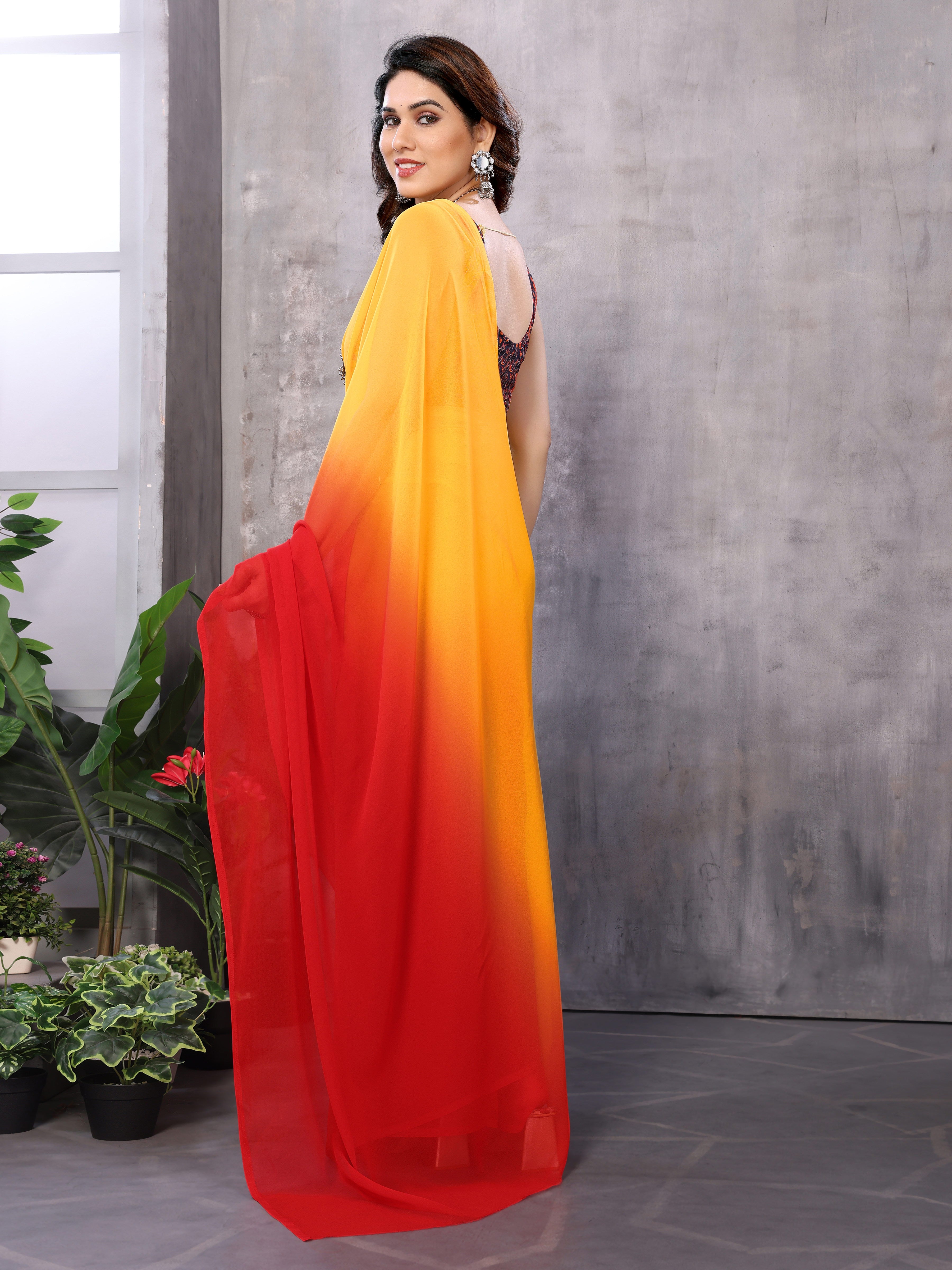 Elegant Red & Yellow Georgette Silk Ready-to-Wear Saree