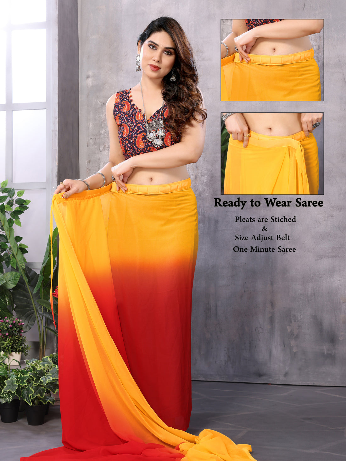 Elegant Red & Yellow Georgette Silk Ready-to-Wear Saree