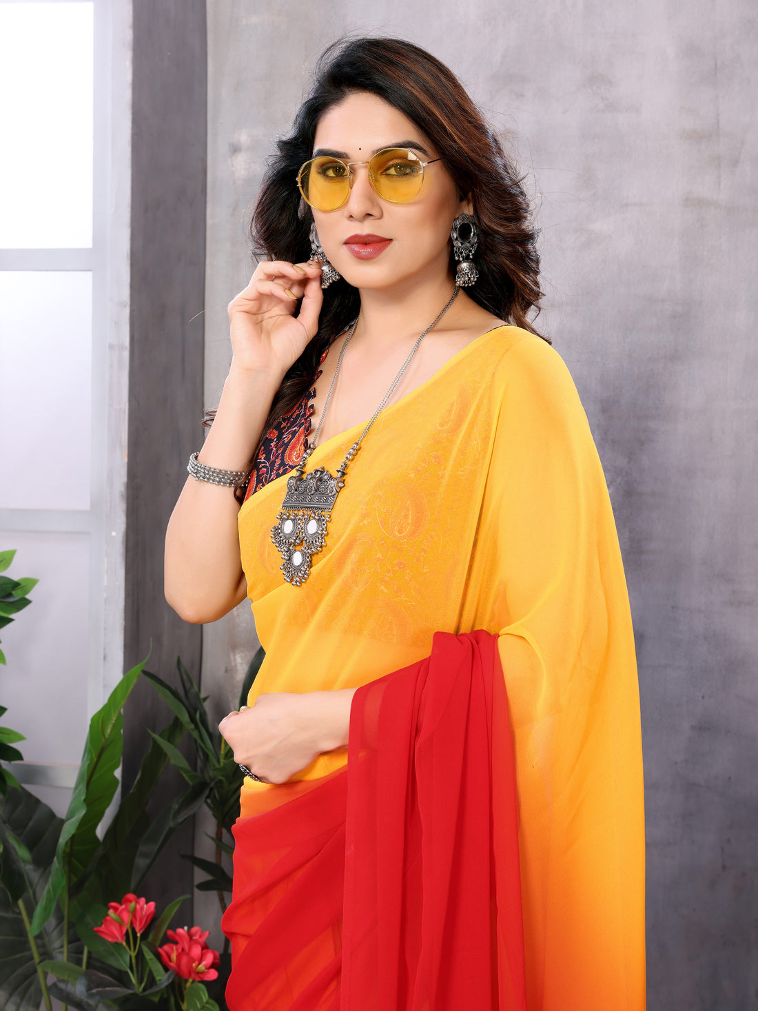 Elegant Red & Yellow Georgette Silk Ready-to-Wear Saree