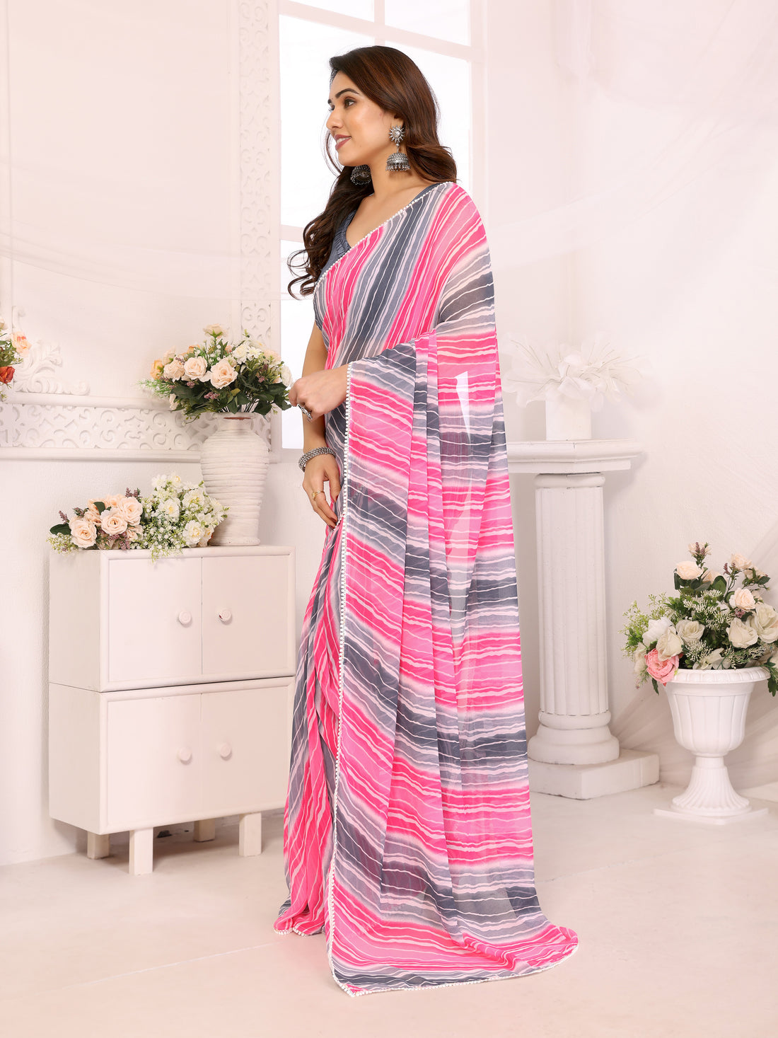 Rose Pink & Grey Georgette Silk Ready-to-Wear Saree
