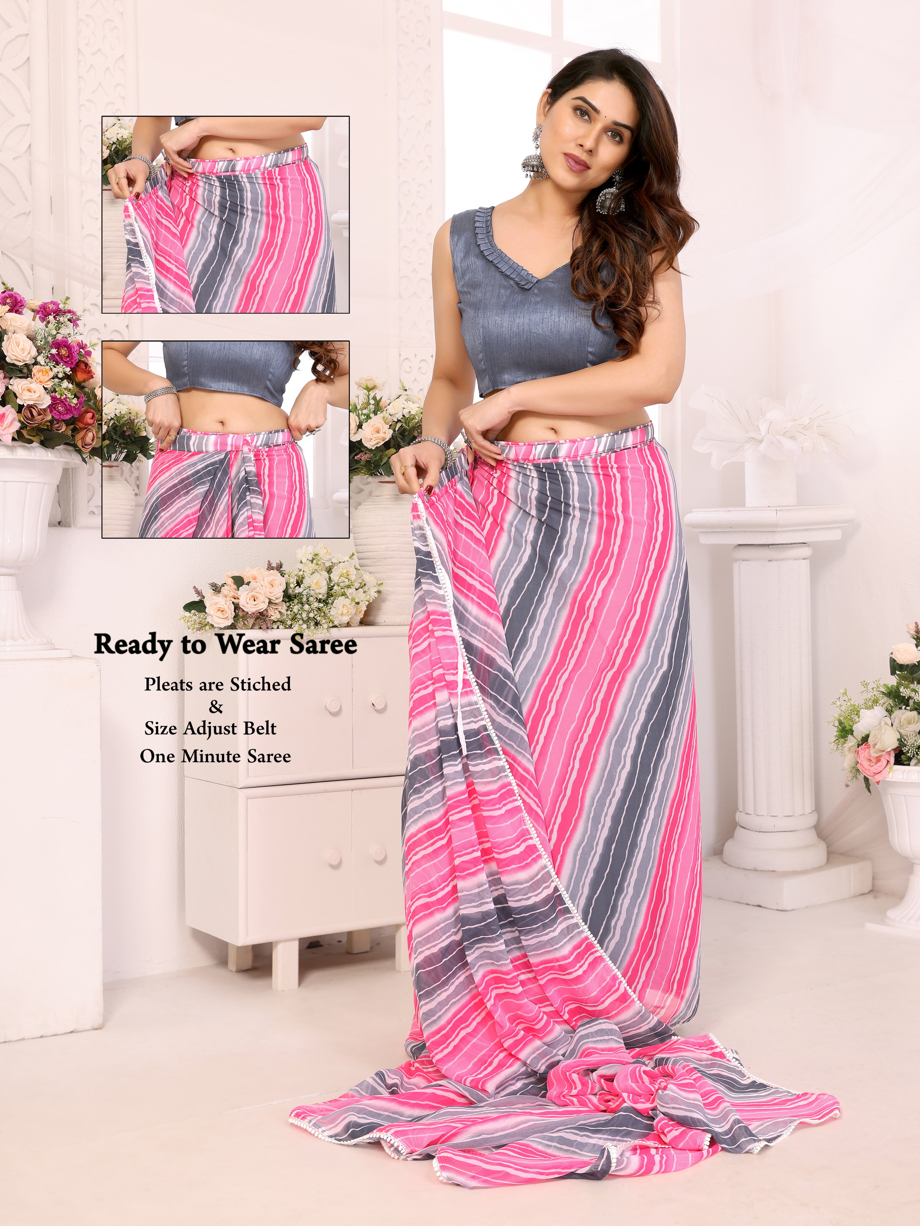 Rose Pink & Grey Georgette Silk Ready-to-Wear Saree