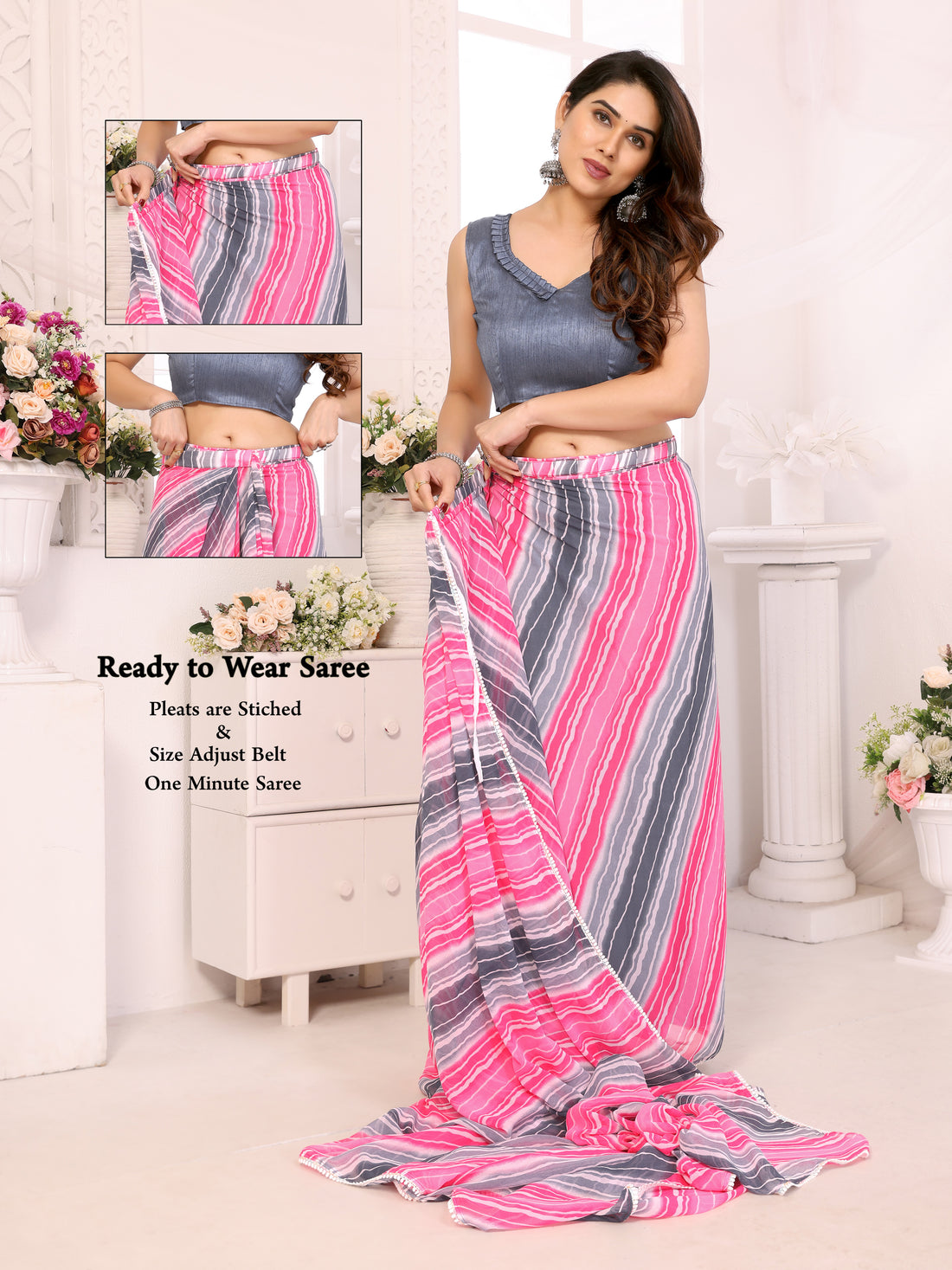 Rose Pink & Grey Georgette Silk Ready-to-Wear Saree