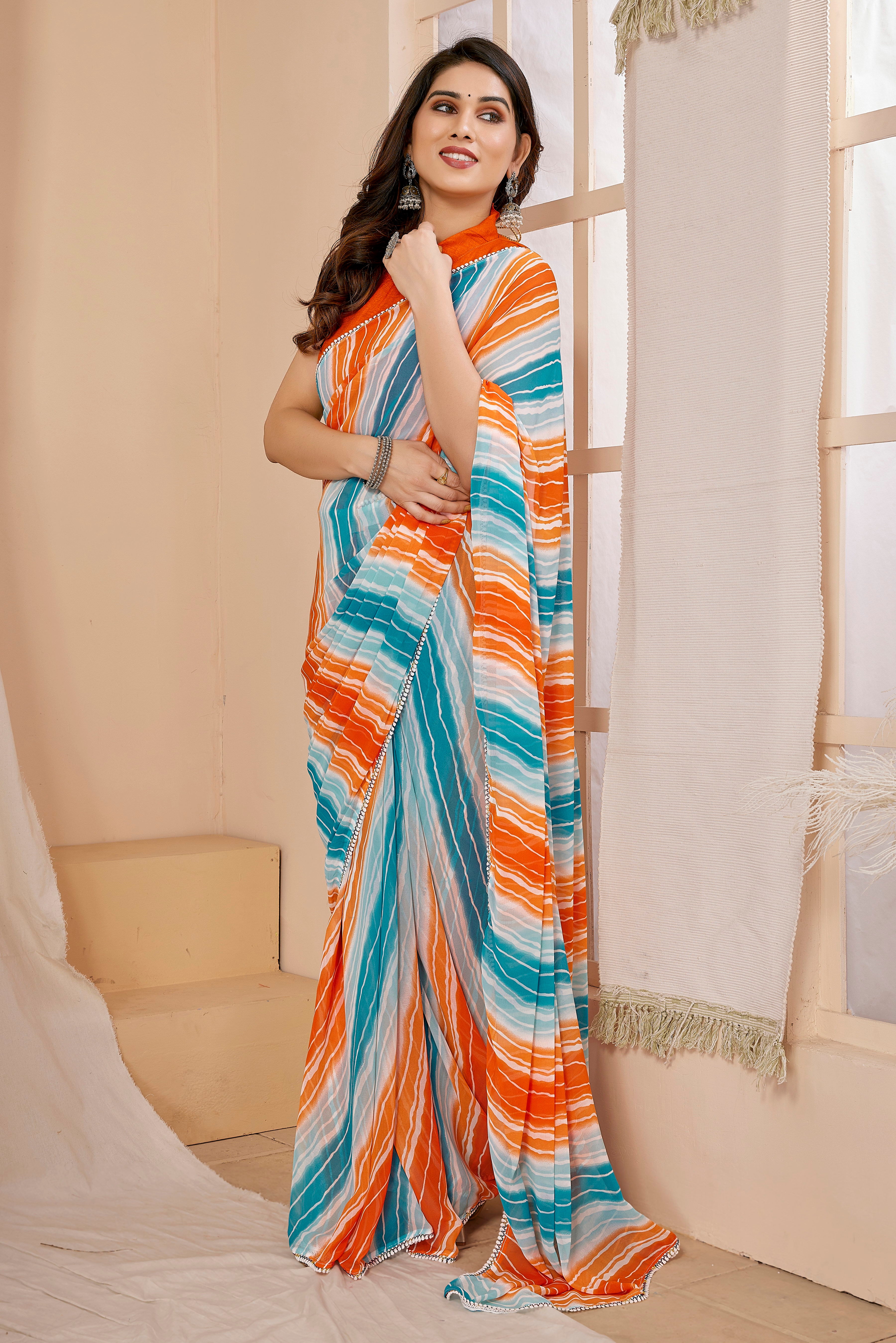 Orange & Teal Blue Georgette Silk Ready-to-Wear Saree