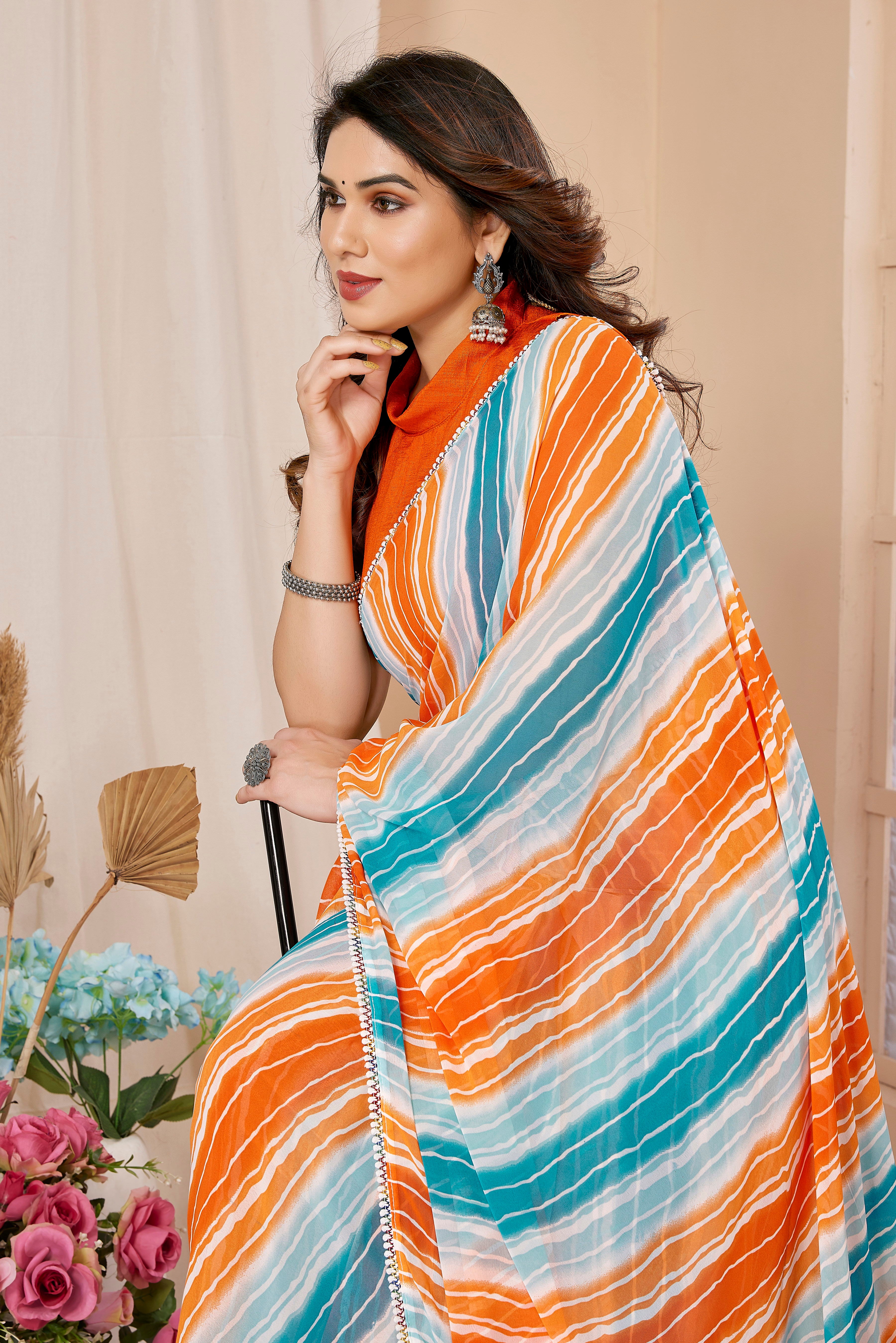 Orange & Teal Blue Georgette Silk Ready-to-Wear Saree