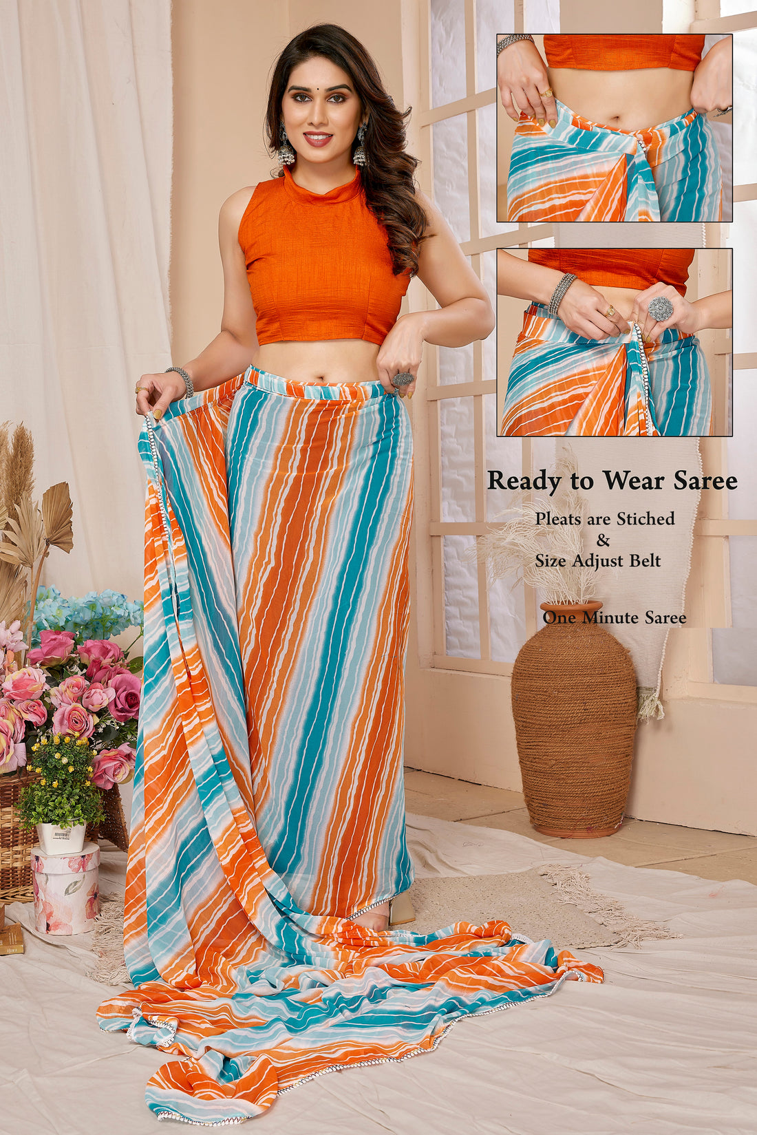 Orange & Teal Blue Georgette Silk Ready-to-Wear Saree