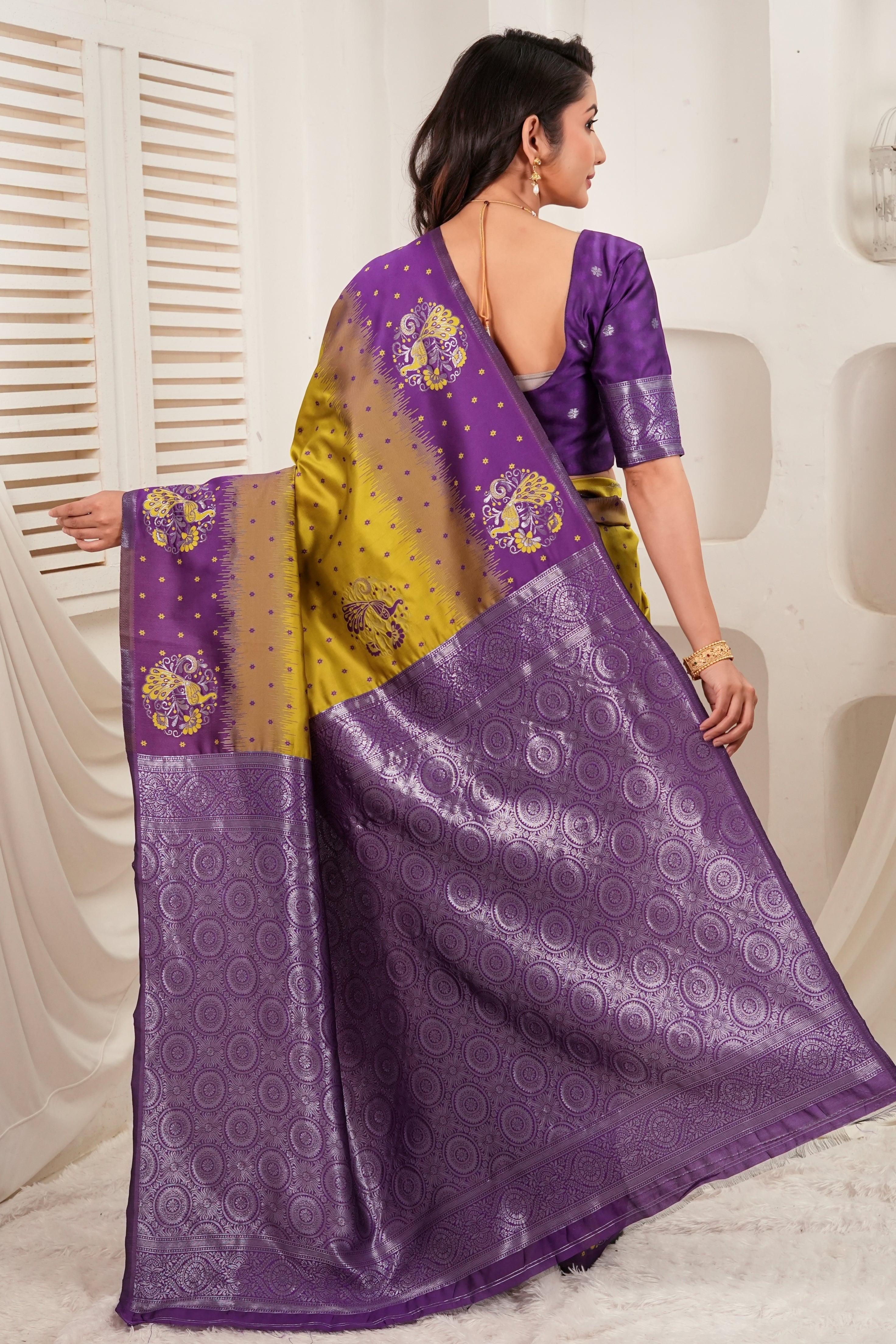 Royal Purple & Olive Jacquard Silk Saree