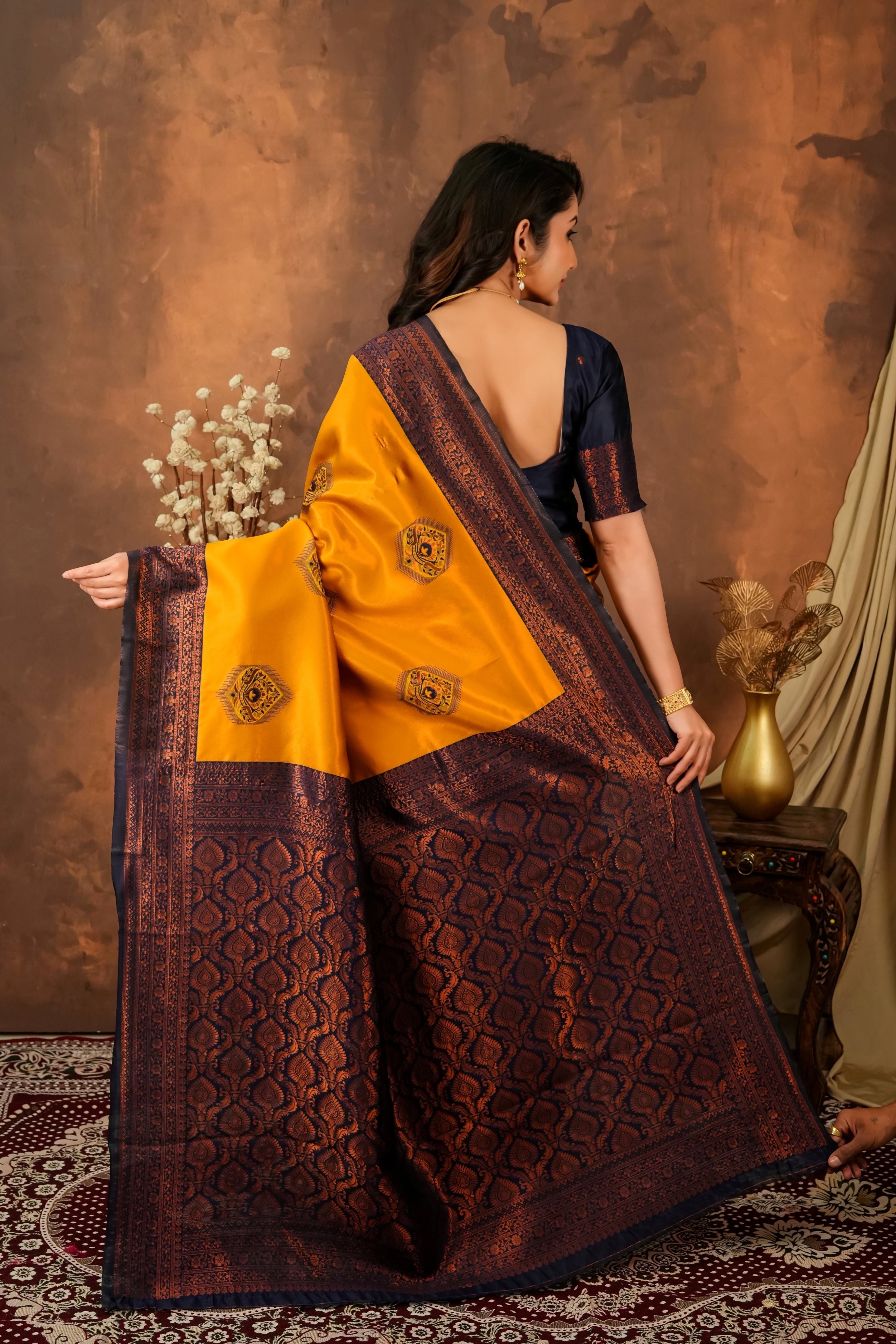 Mustard Yellow & Navy Blue Jacquard Silk Saree with Rich Woven Pallu