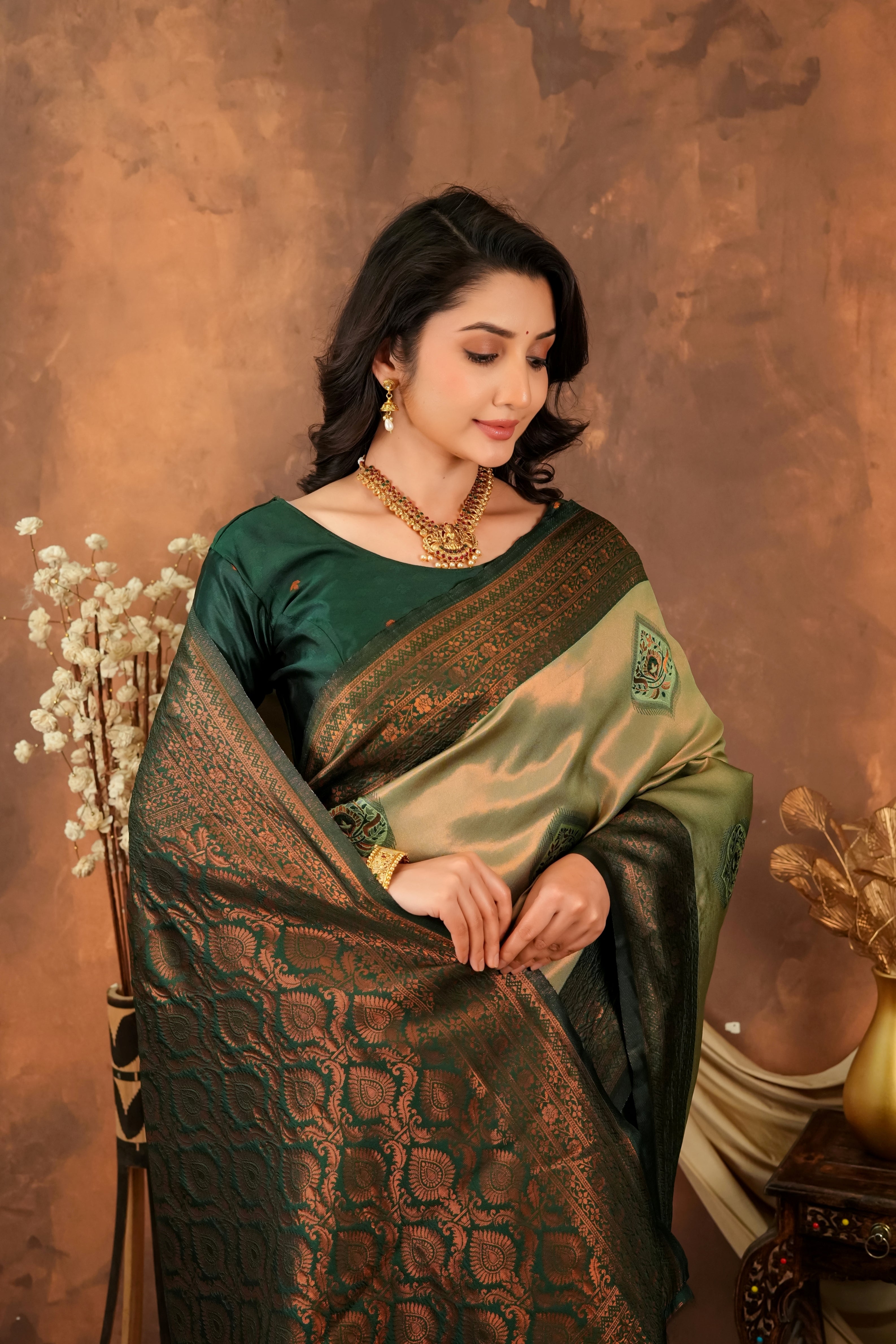 Olive Green & Deep Forest Jacquard Silk Saree with Antique Zari Pallu