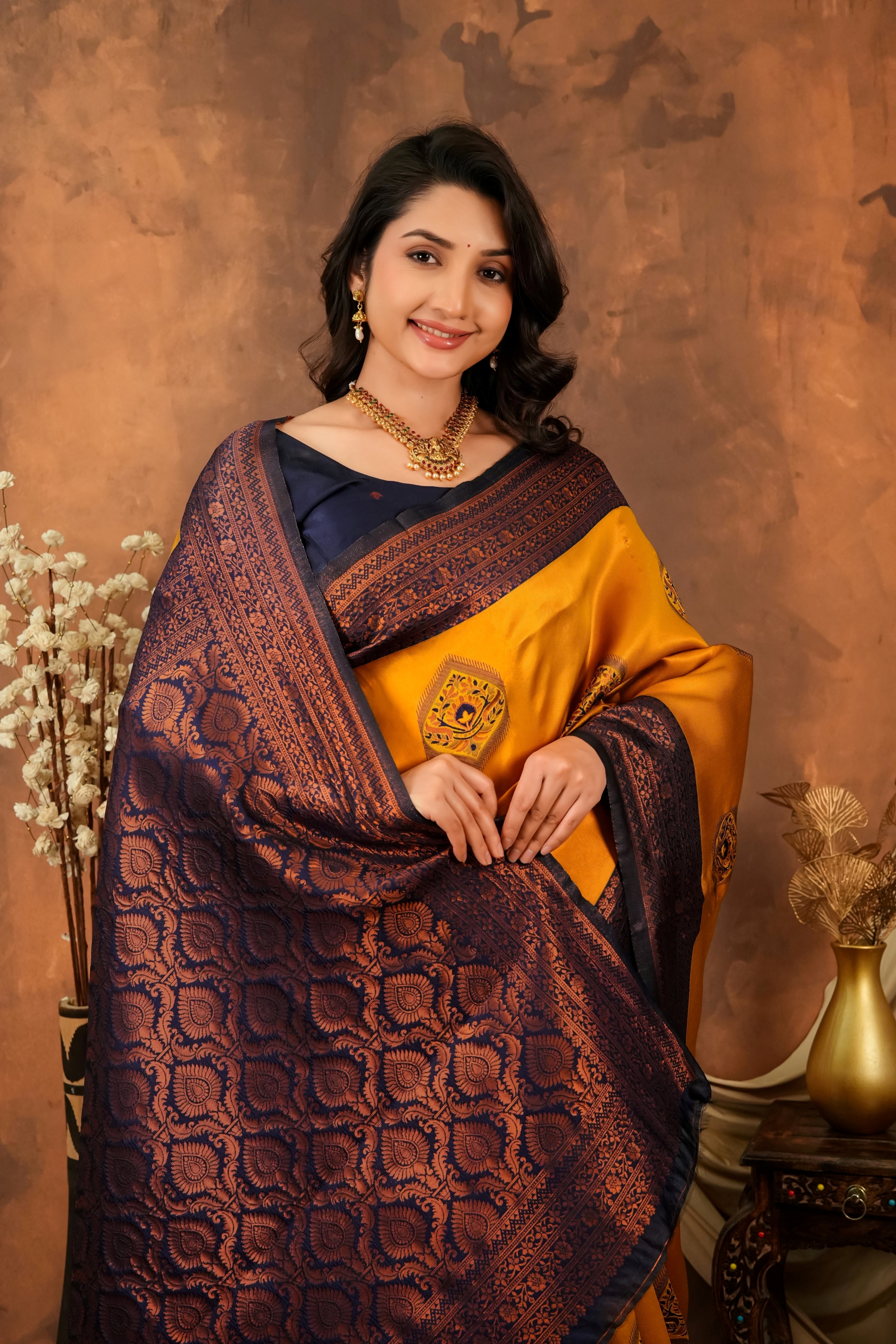 Mustard Yellow & Navy Blue Jacquard Silk Saree with Rich Woven Pallu