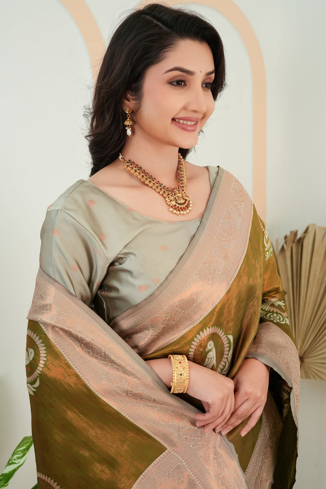 Olive Green parrot motif Jacquard Silk Saree
