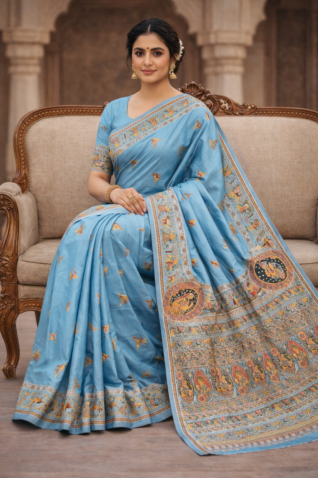 Sky Blue Pashmina Saree with Traditional Folk Border