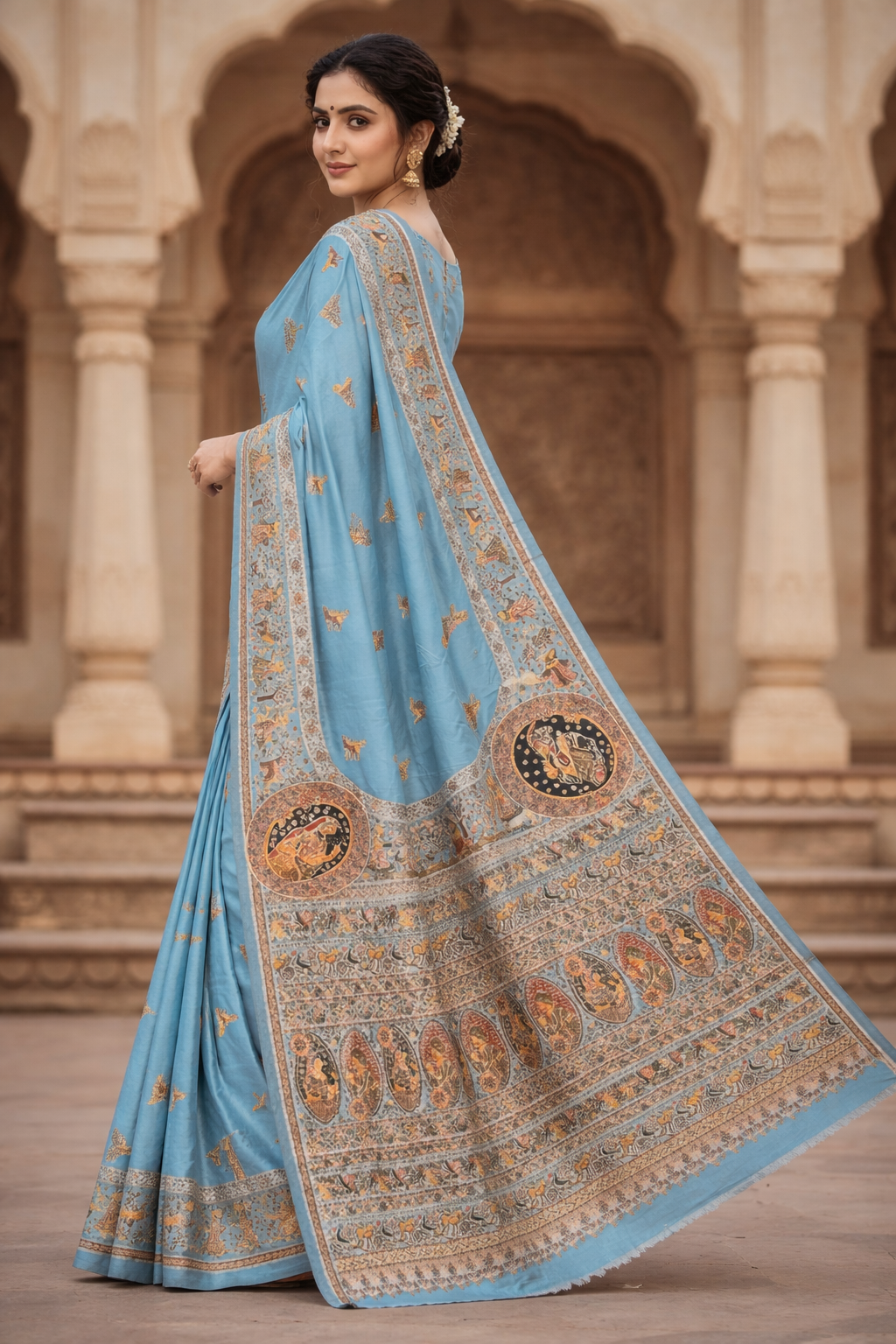 Sky Blue Pashmina Saree with Traditional Folk Border