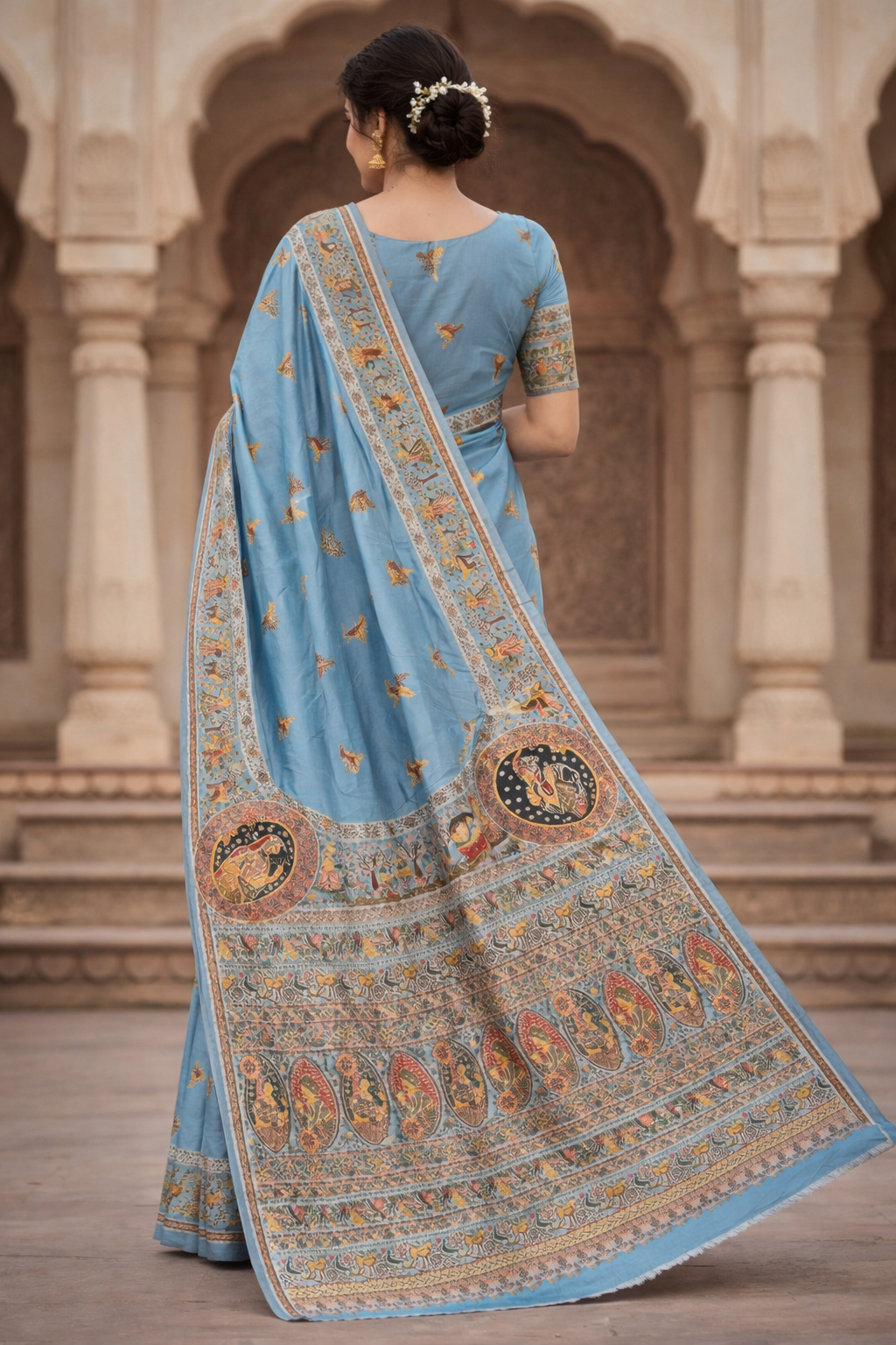 Sky Blue Pashmina Saree with Traditional Folk Border