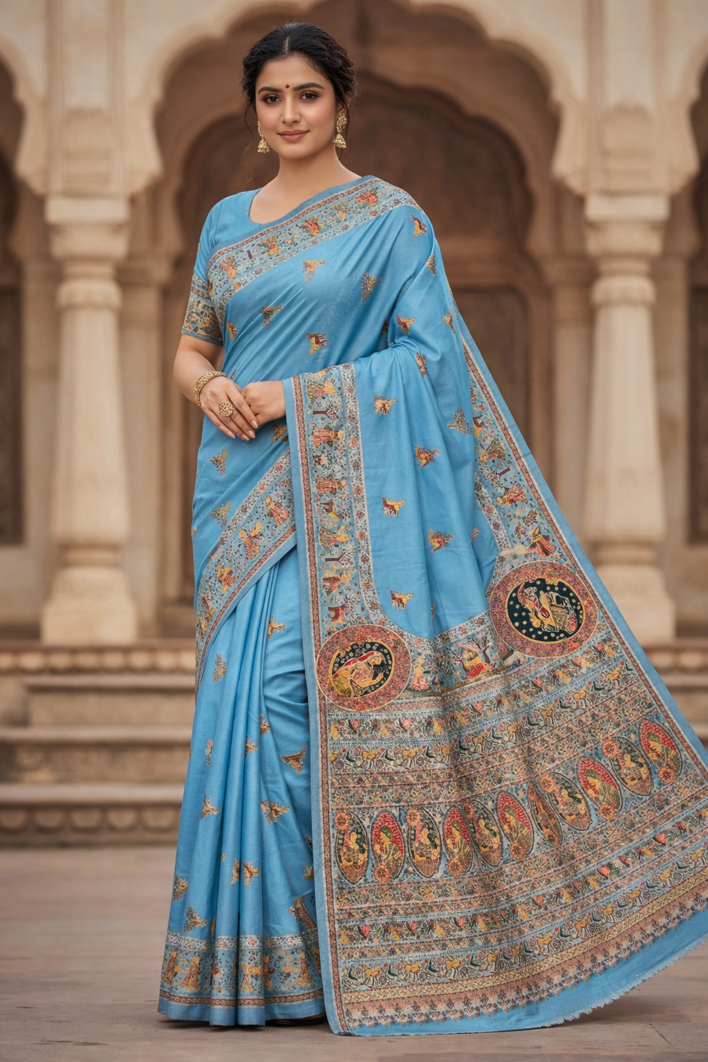 Sky Blue Pashmina Saree with Traditional Folk Border