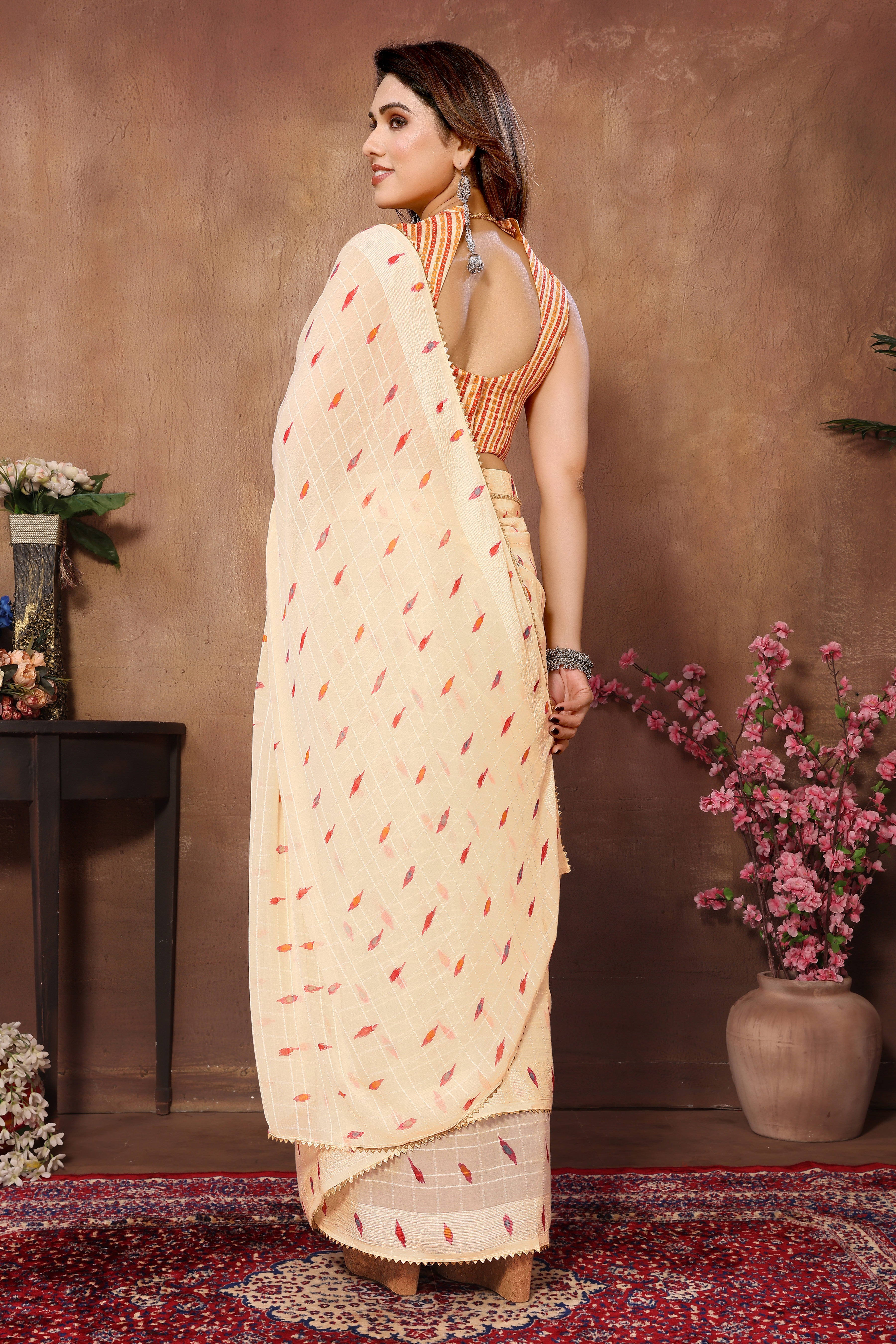 Cream Georgette Ready-to-Wear Saree