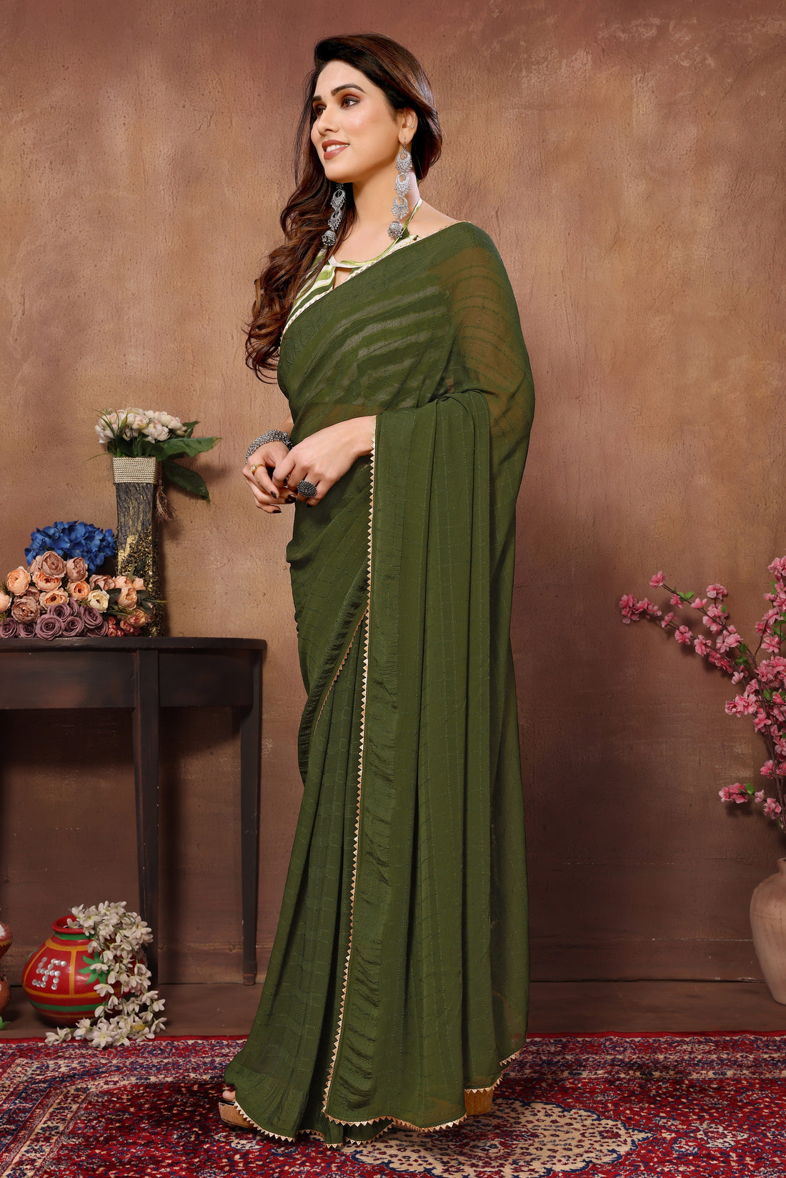 Dark Olive Green Georgette Ready-to-Wear Saree