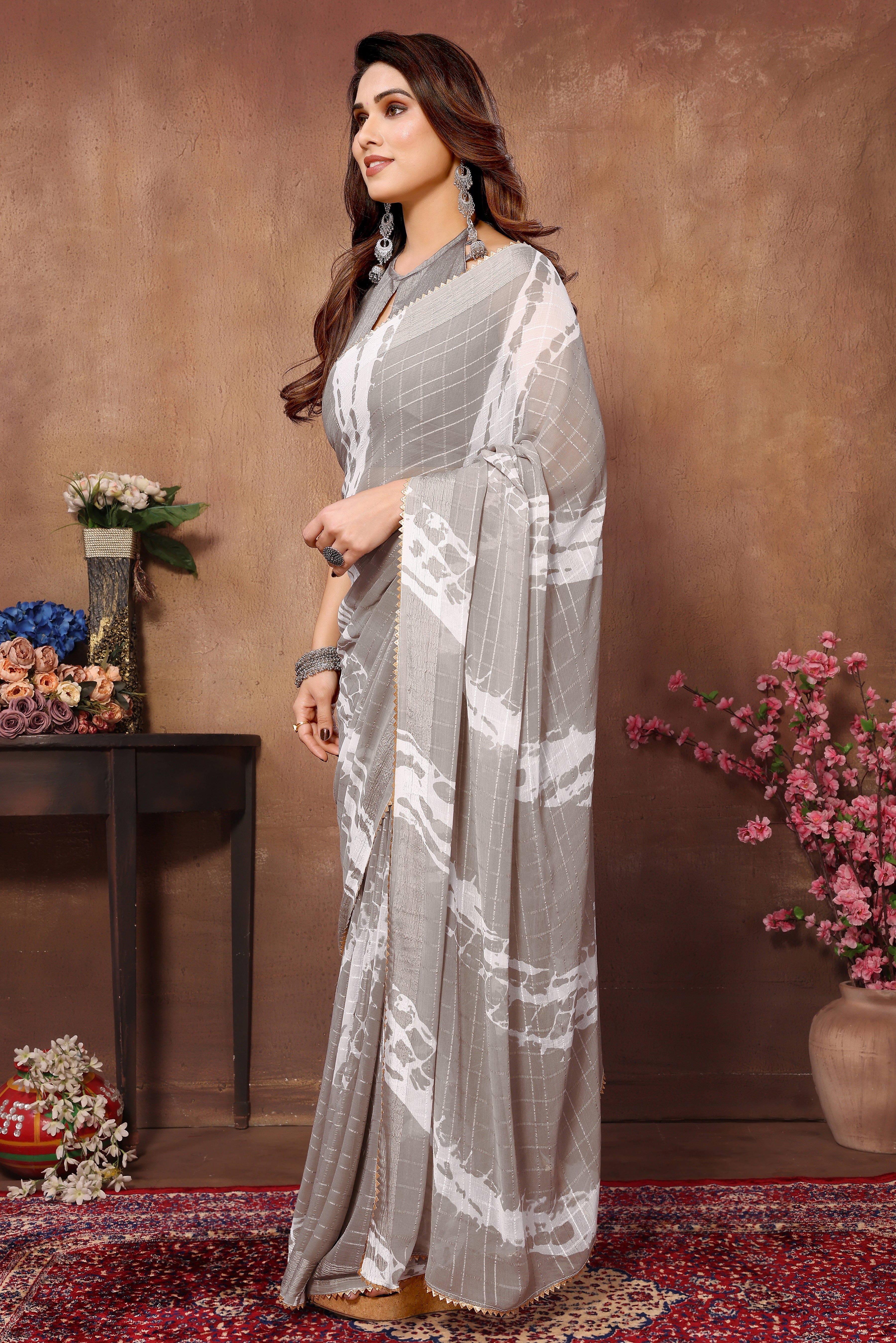 Grey Georgette Checks Ready-to-Wear Saree