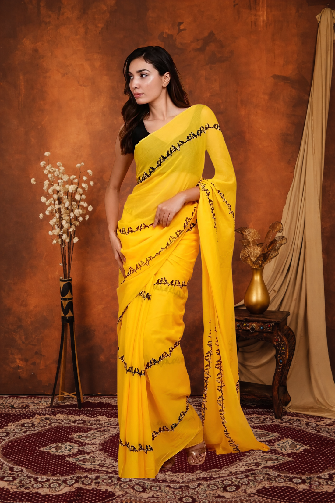 Sunshine Yellow Linen Saree with Black Warli Art Border