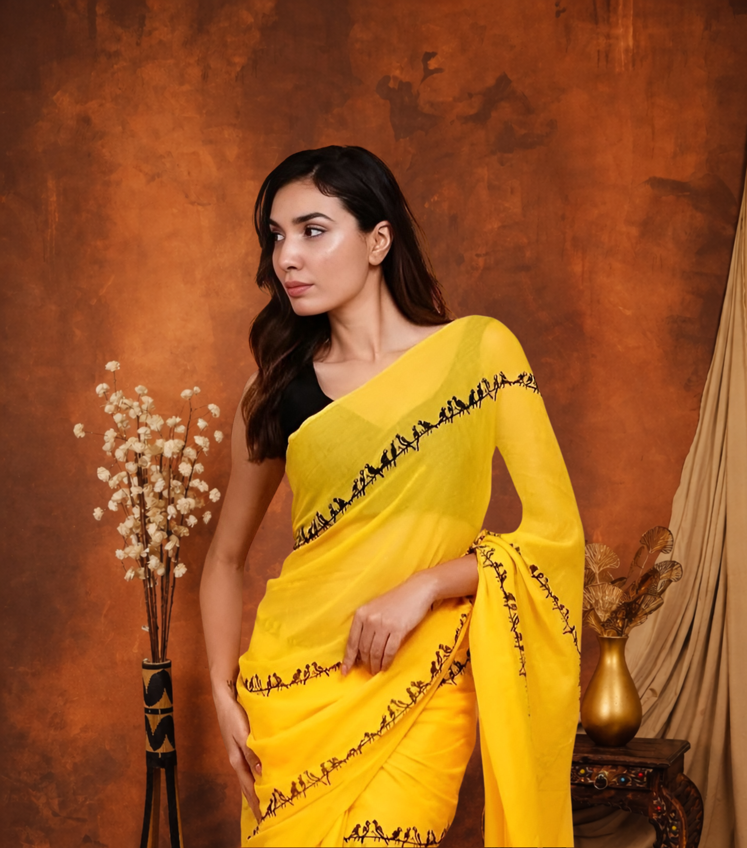 Sunshine Yellow Linen Saree with Black Warli Art Border