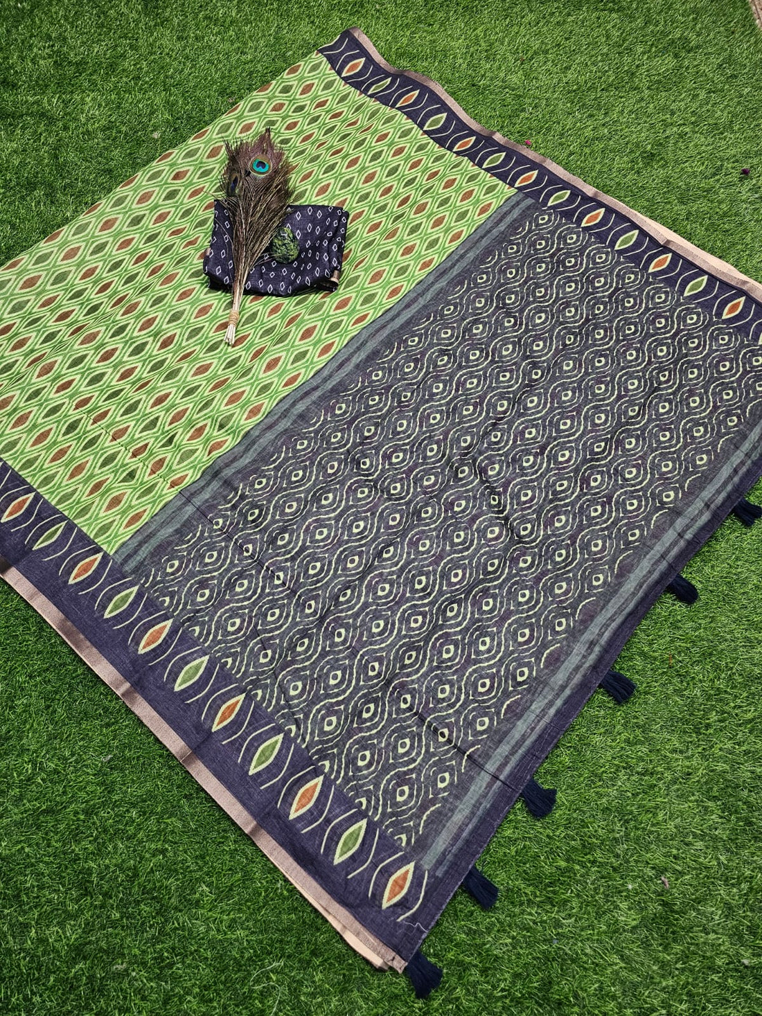 Lime Green Ikat Heritage Linen Cotton Saree with Indigo Tribal Pallu