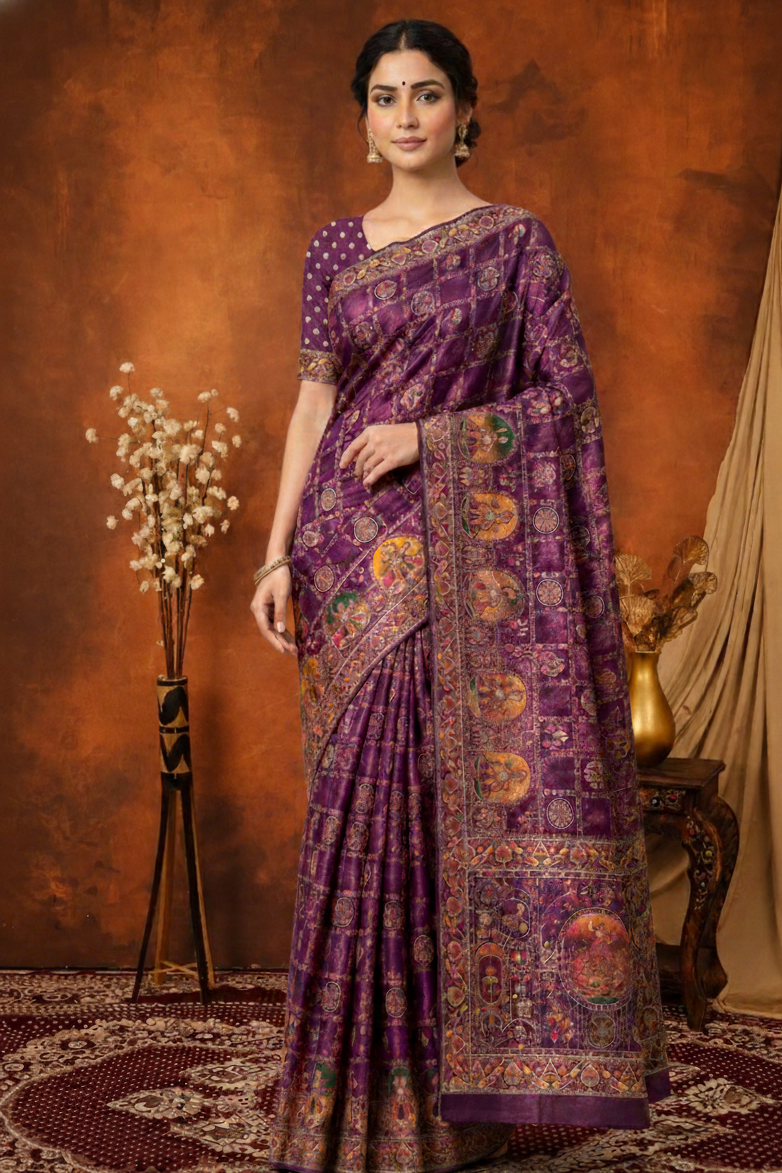 Woman wearing a purple saree with intricate patterns against a warm-toned background