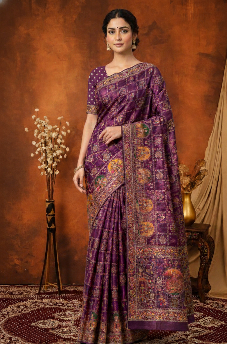 Wine Traditional Pashmina Saree