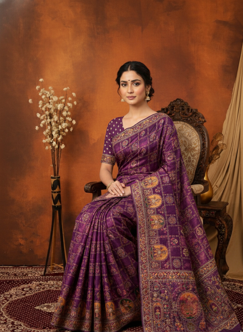 Wine Traditional Pashmina Saree