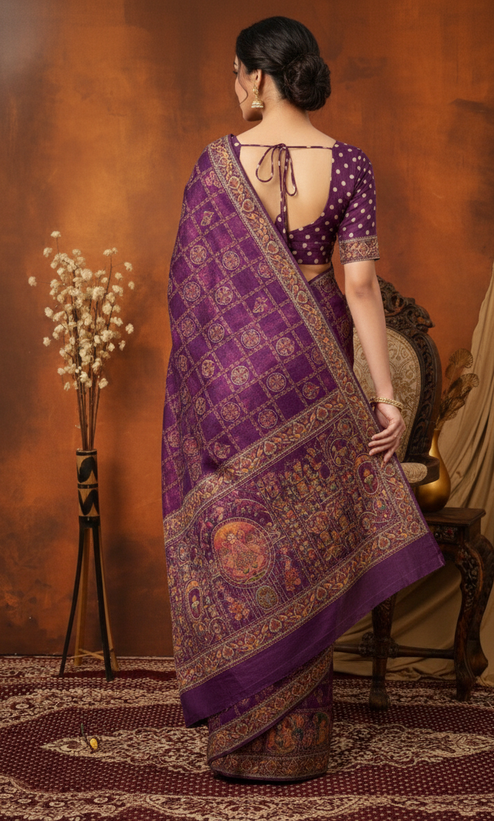 Wine Traditional Pashmina Saree