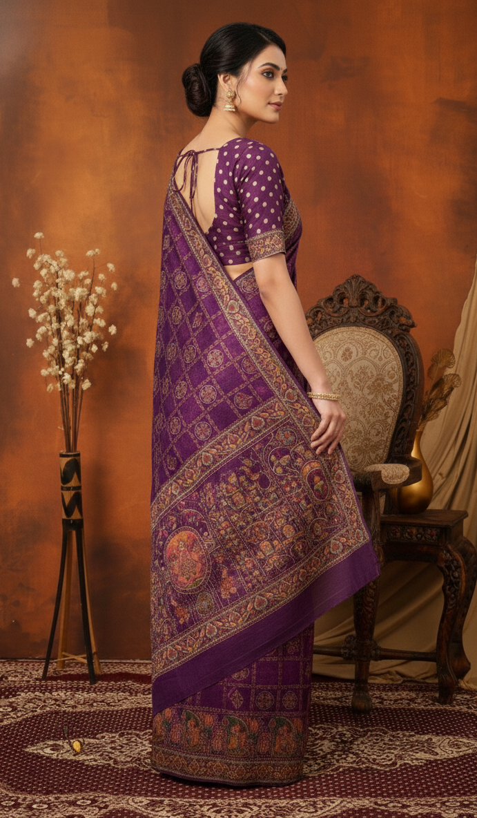 Wine Traditional Pashmina Saree