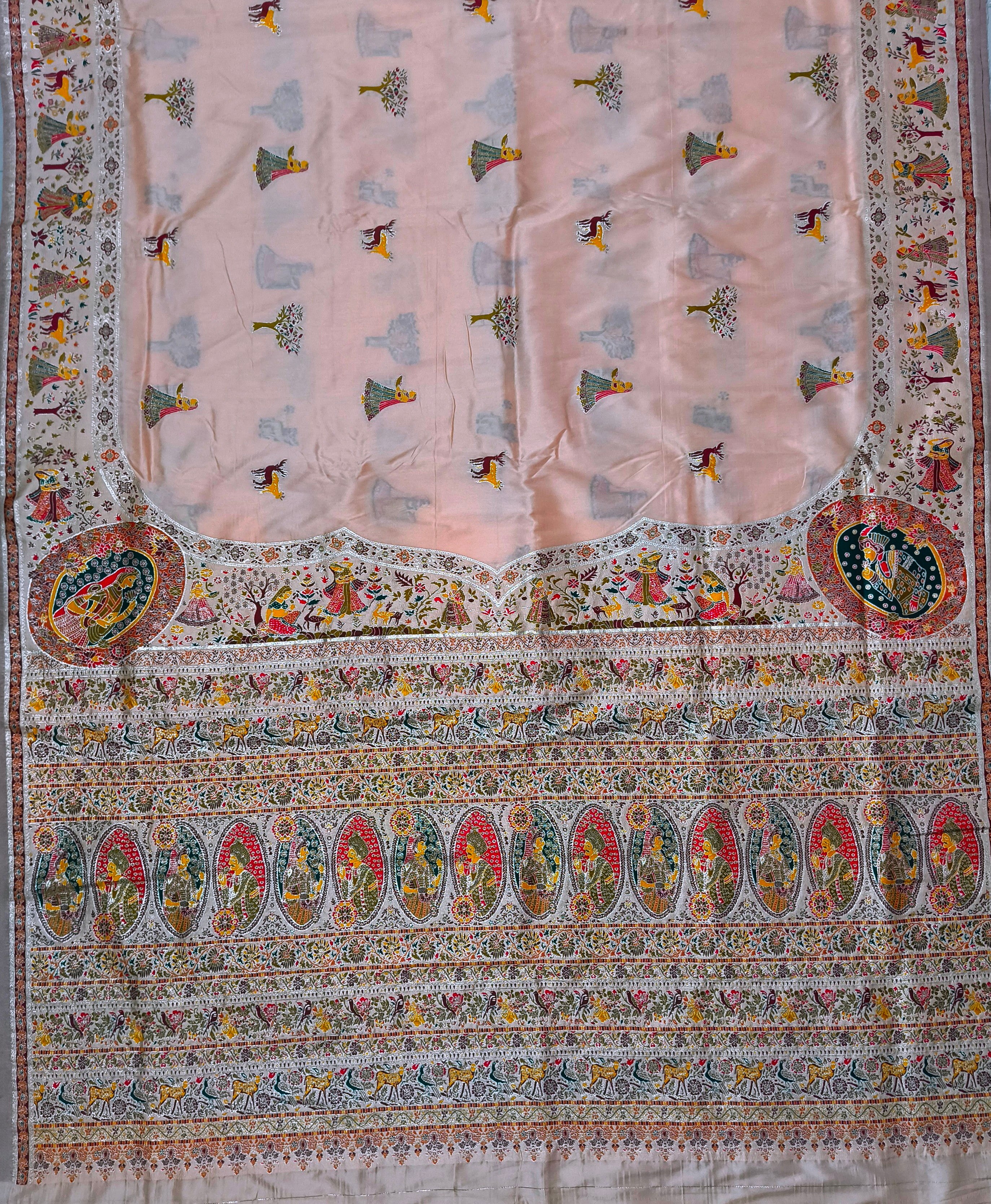 Cream Pashmina Saree with Traditional Folk Border
