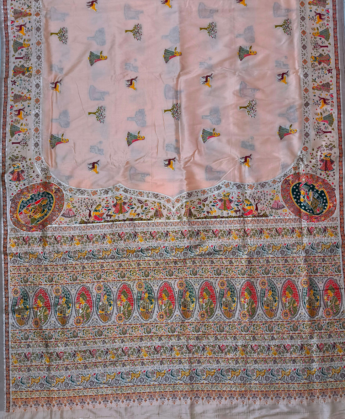 Cream Pashmina Saree with Traditional Folk Border