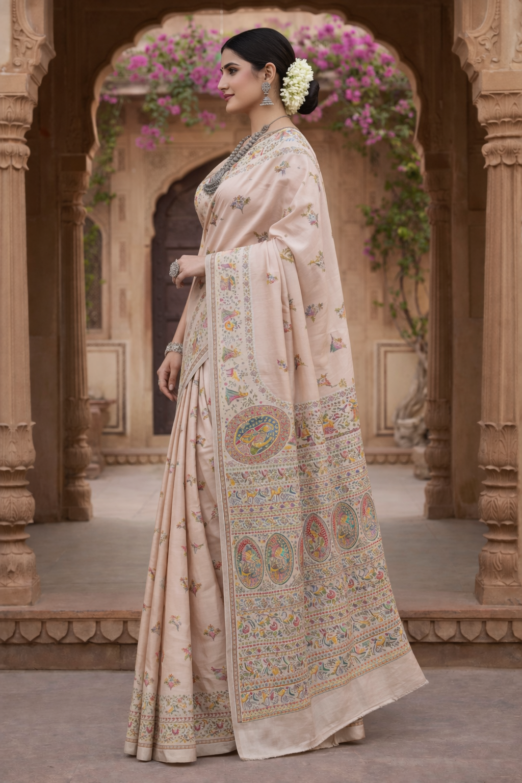Cream Pashmina Saree with Traditional Folk Border