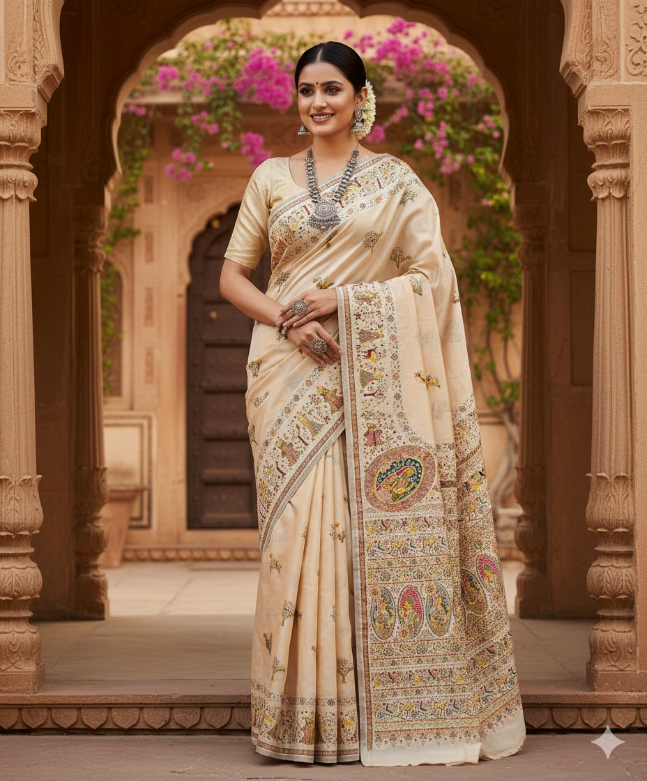 Cream Pashmina Saree with Traditional Folk Border