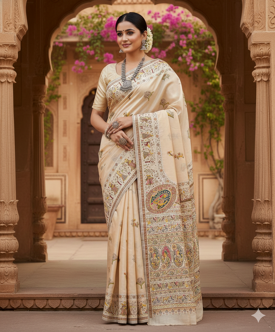 Cream Pashmina Saree with Traditional Folk Border