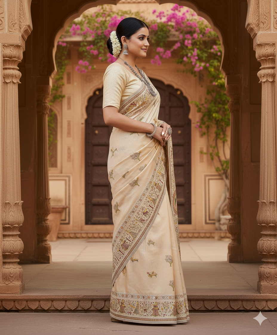 Cream Pashmina Saree with Traditional Folk Border