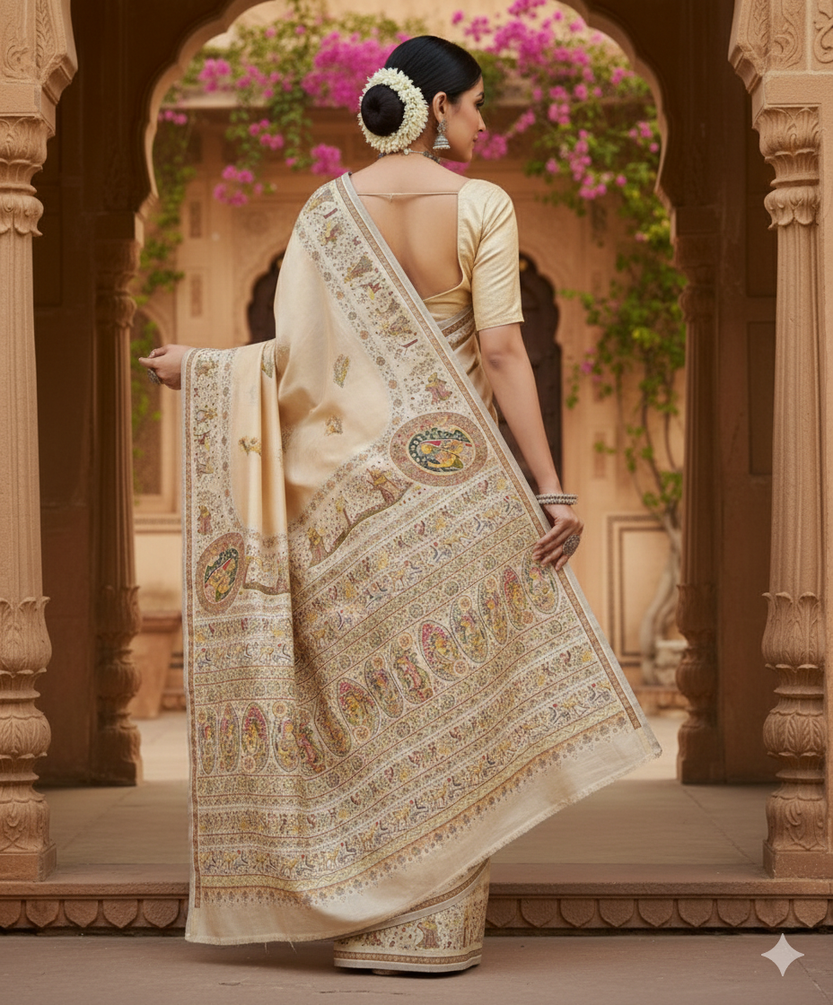 Cream Pashmina Saree with Traditional Folk Border