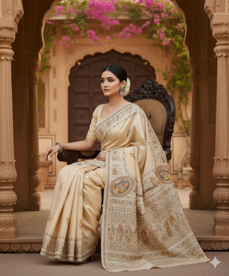 Cream Pashmina Saree with Traditional Folk Border