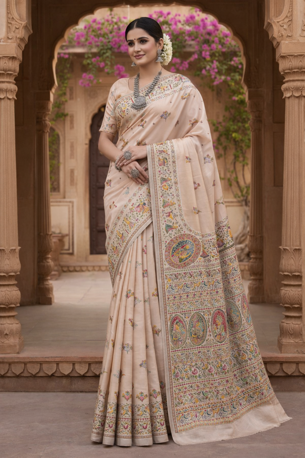 Woman in a traditional beige saree with intricate patterns standing in an archway with floral decorations.