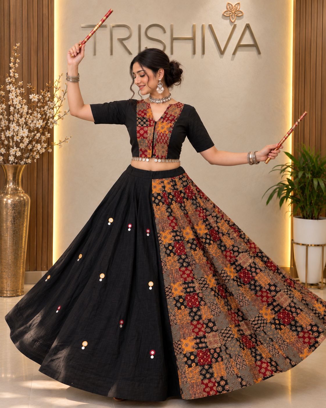 Black Ajrakh Mirror Work Lehenga Choli