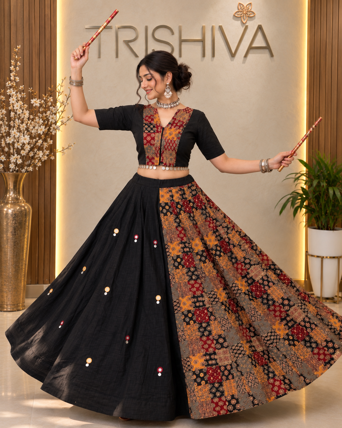 Black Ajrakh Mirror Work Lehenga Choli